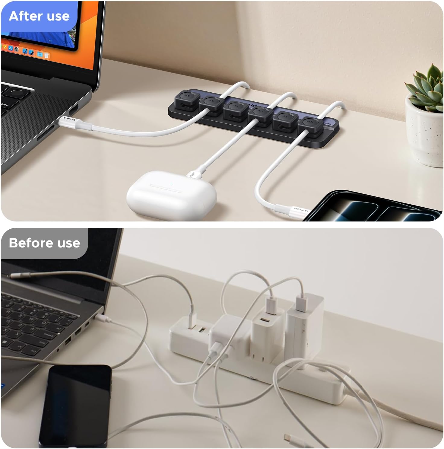 UGREEN Desk Cable Organizer, Magnetic Cord Holder 6 Pack, Silicone Cable Clip with Strong Magnet, 2 Sizes for Charging Cords, Easy Cable Management for Desk, Nightstand, Car, Home Office