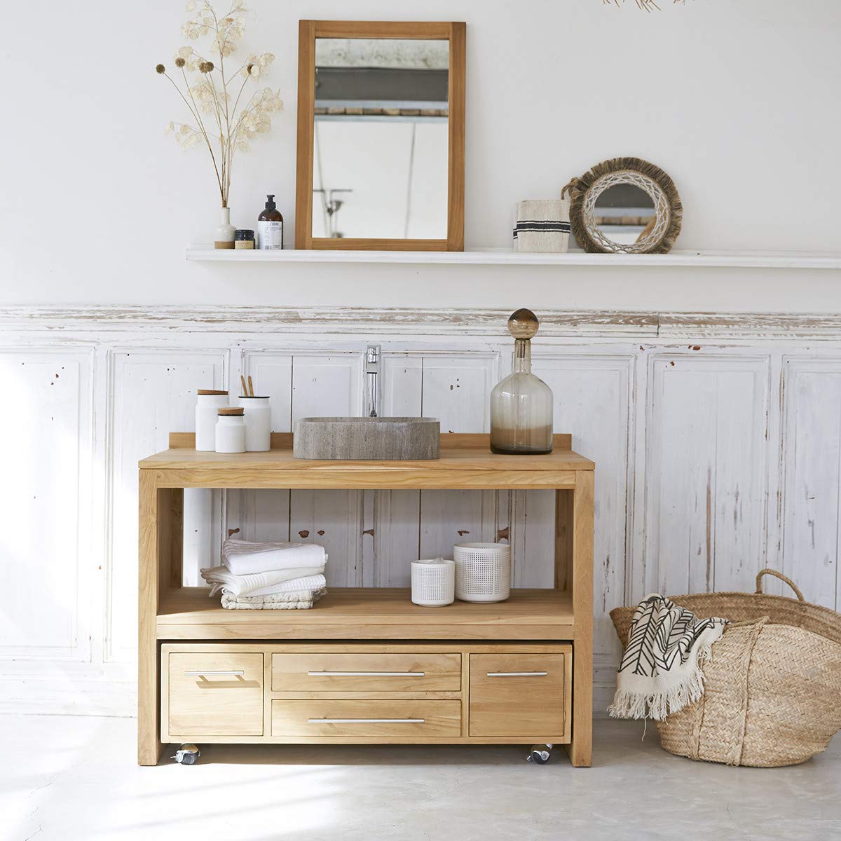 Tikamoon Solid Teak Washstand for 1 Washbasin Natural Wood Bathroom Furniture