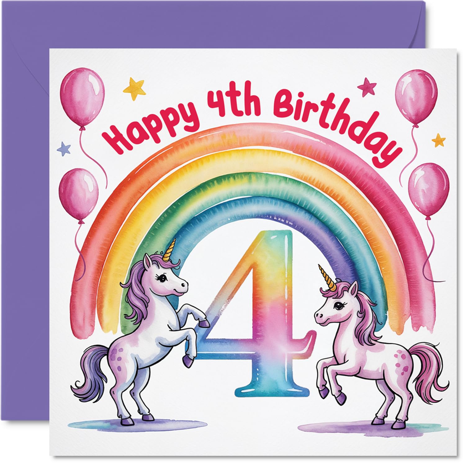 Cute 4th Birthday Card - Magical Birthday Wishes - Pastel Unicorn, Rainbow and Balloons - Whimsical Charm for Their Special Day - 145mm Square, Envelope Included
