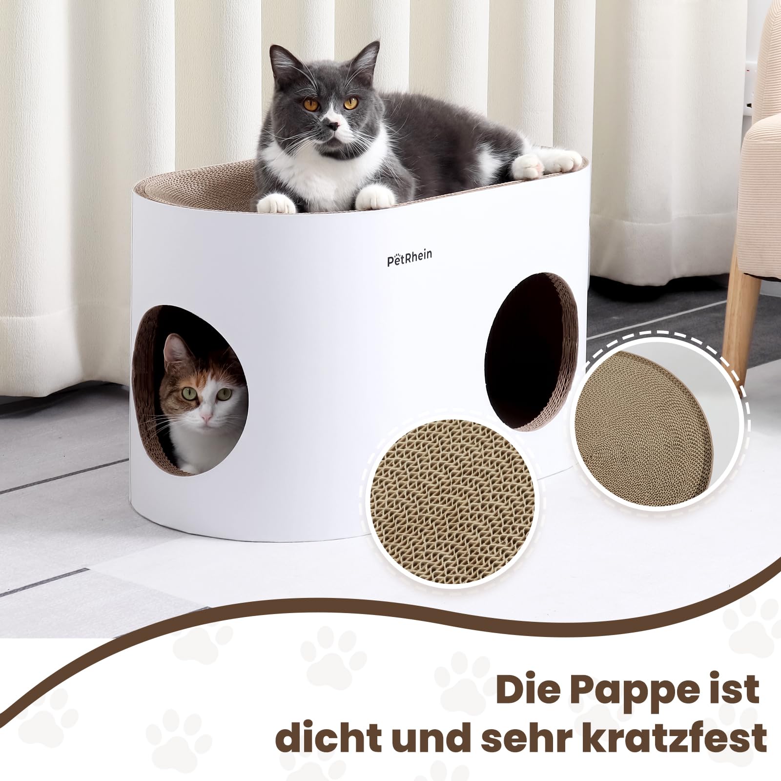 Kratzbrett für Katzen aus Kratzpappe,3-in-1 großes Katzenhöhle mit Kratzmatte & Katzenbett – 64 x 35 x 36 cm– Stabiles Kratzpappe, Minimalistisches Kratzmöbel für Katzen