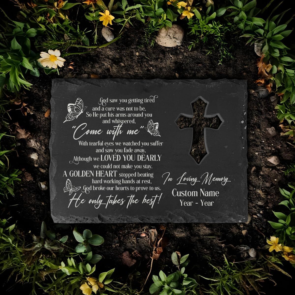 Custom Rectangle Slate Stone - God Saw You Getting Tired Symapthy Garden Stone Loss of Dad Mom Remembrance Cross Stepping Plaque Son Brother Memory