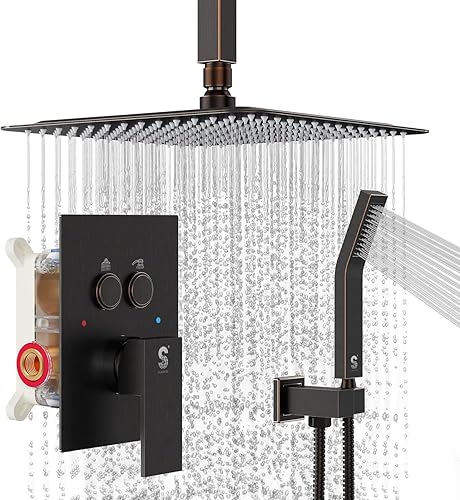 Miniatura 9 de SR SUN RISE Sistema de ducha montado en el techo con desviador de botón pulsador, cabezal de ducha de lluvia de lujo de 12 pulgadas con rociador de