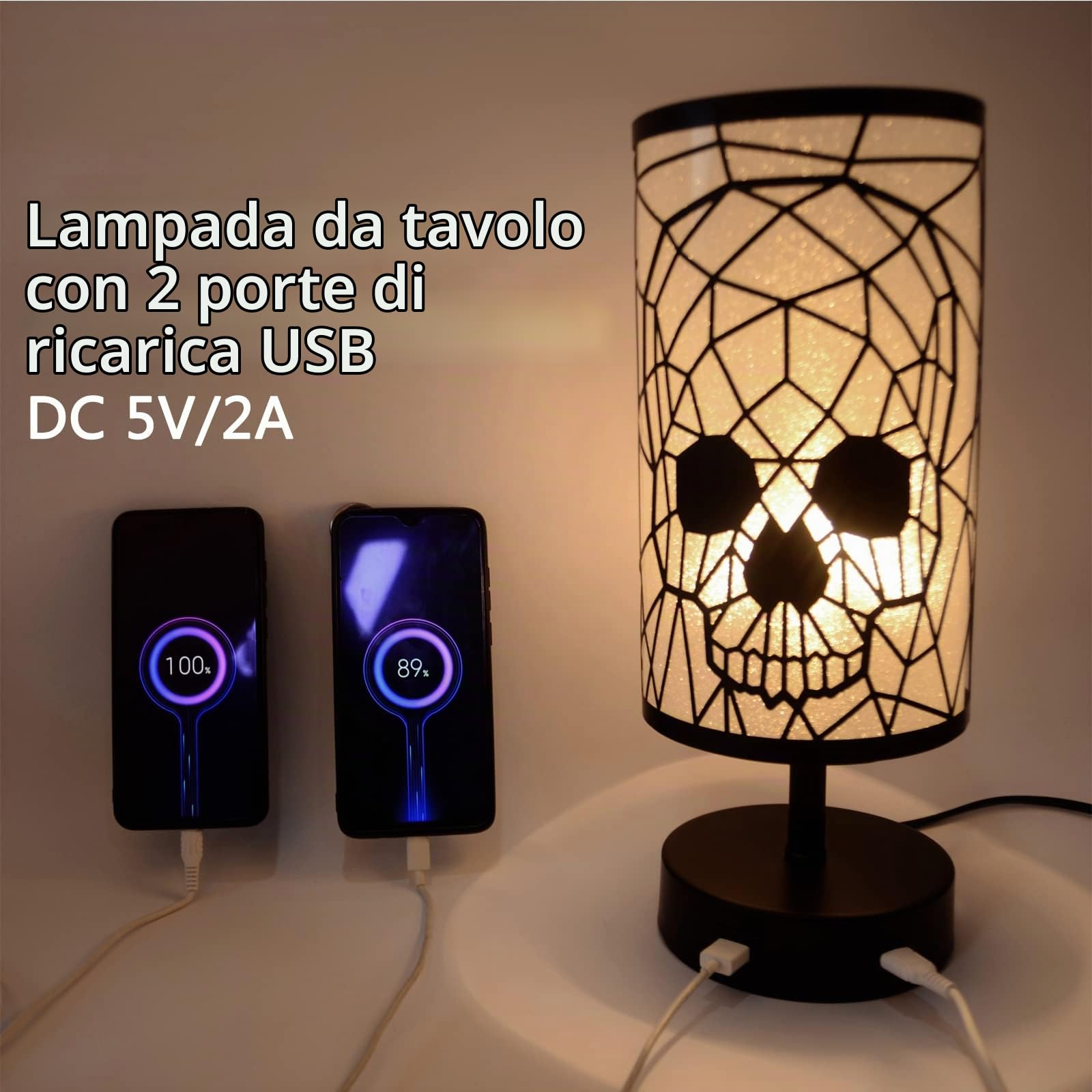 Lampada da Comodino Touch Dimmerabile con 2 Porte di Ricarica USB, 3 Livelli di Luminosità, Paralume a Teschio in Metallo, Design Industriale Retrò, Vintage E27 Lampada da Tavolo per Camera da Letto