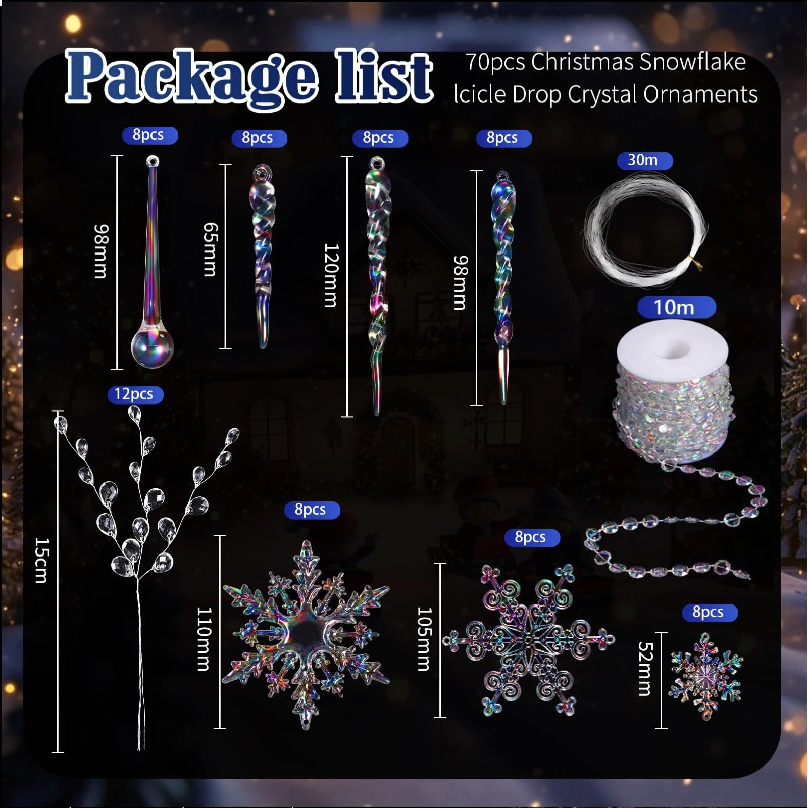 Chunful 70 adornos de Navidad iridiscentes de cristal para decoración de árbol, 8 estilos colgantes de acrílico transparente, colgantes de carámbano, cadena de guirnalda de cuentas de 33 pies para