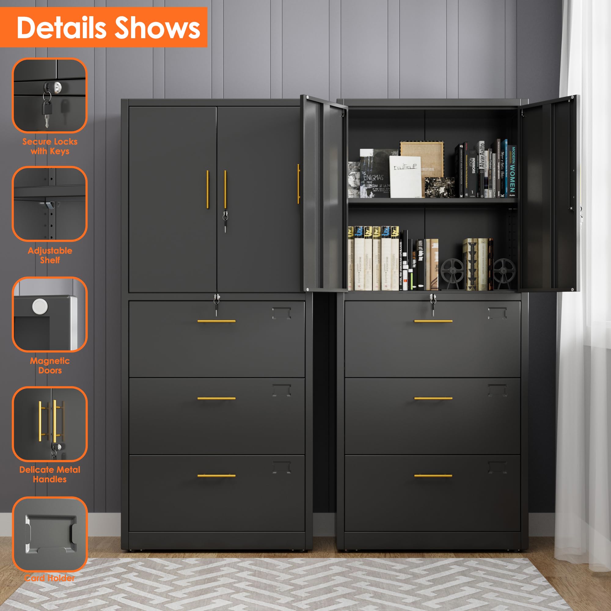 Aobabo Metal Storage Filing Cabinet mit 3 Schubladen, Metall -Büro -Aktenschrank mit abschließbaren Türen und Schubladen für Home Office, Hangdateien Brief/Rechtsgröße, Schwarz, Schwarz