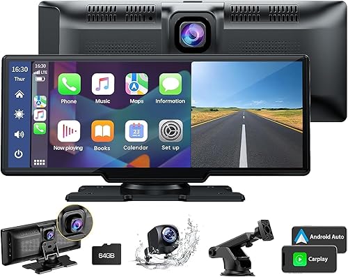 LAMTTO Carplay inalámbrico de 9.26 pulgadas y Android Auto con cámara de tablero de 2.5 K, cámara de respaldo de 1080P, navegación GPS portátil con