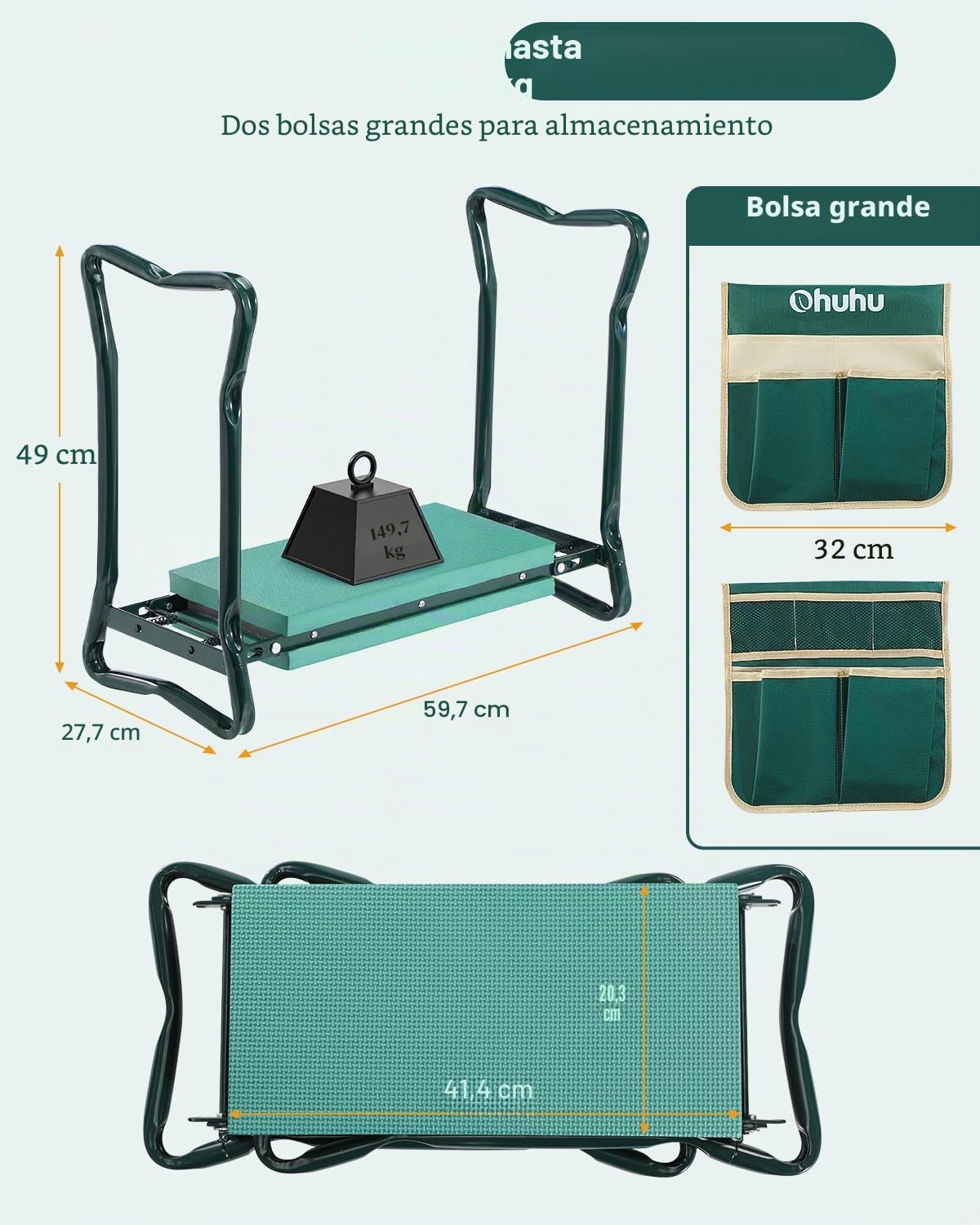 Ohuhu Taburete de jardín, Asiento plegable con almohadilla suave 2 grandes bolsas de herramientas, taburete plegable de jardín mejorado, ideal para padres, ancianos