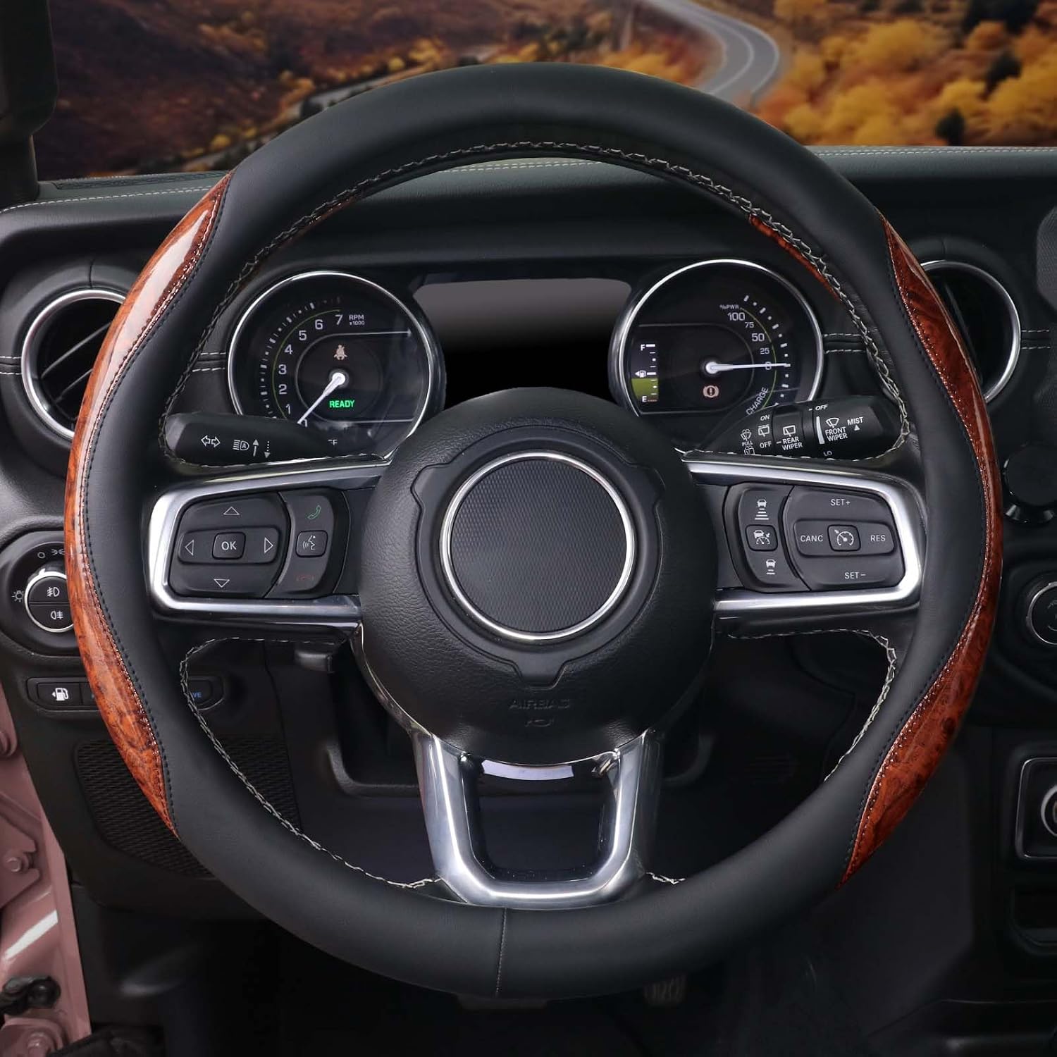 Wood Grain Steering Wheel Cover 15 inch, Soft Leather, Non-Slip Wear-Resistant, Suitable for Steering Wheel Diameter 14 1/2‘-15’ Models, Black