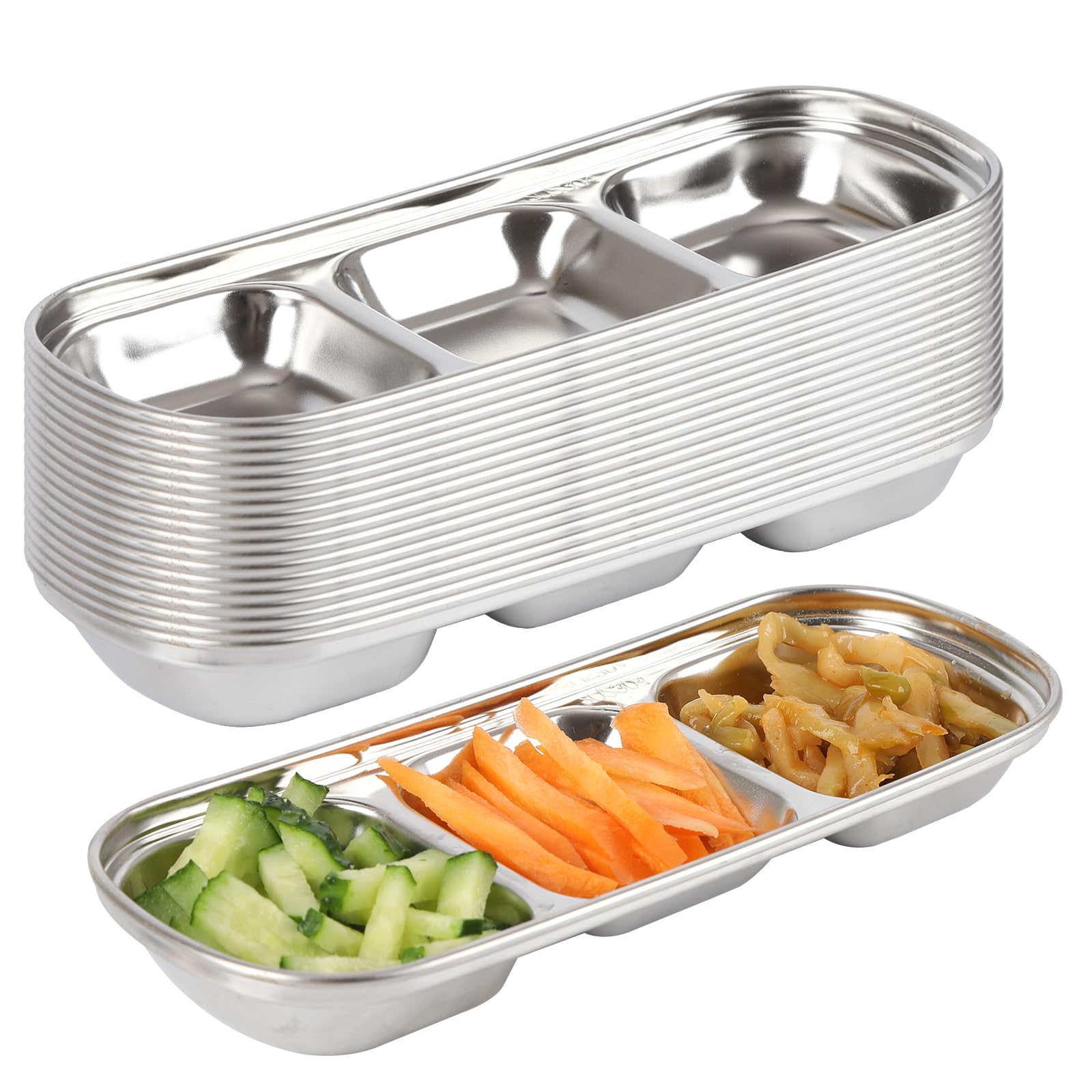 Lot de 18 bols à sauce soja en acier inoxydable divisés - Assiettes à sauce coréennes à 3 compartiments pour maison, restaurant, barbecue, vinaigre, épices, ketchup, sel, sucre et saveurs