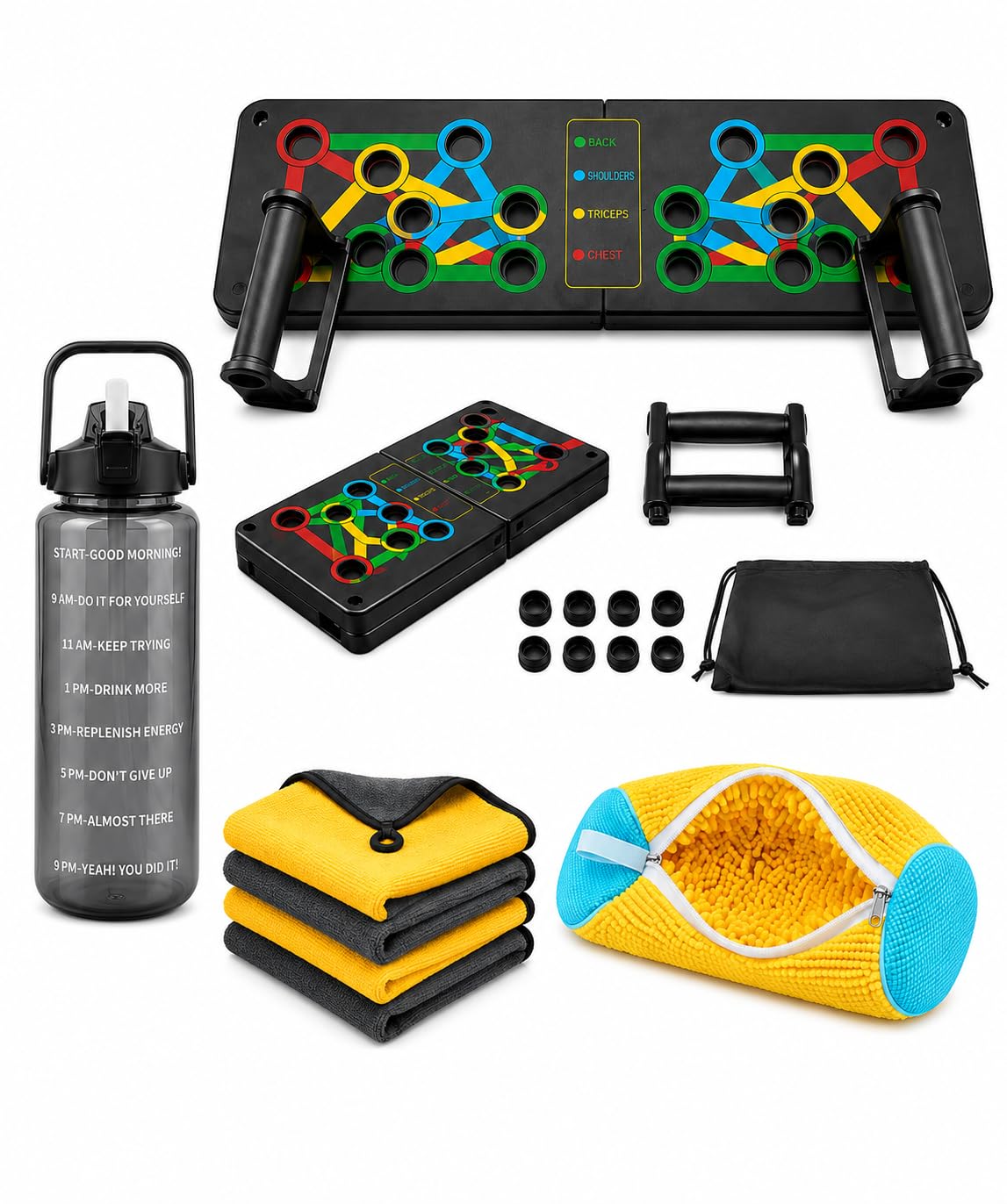 15-in-1 Push Up Board Home Workout Combo Kit Foldable Pushup Board with Handles Resistance Plugs & Carry Bag | Motivational Water Bottle 2000ml, 2 Microfiber Cleaning Cloths & Shoe Washing Laundry Bag-image-31