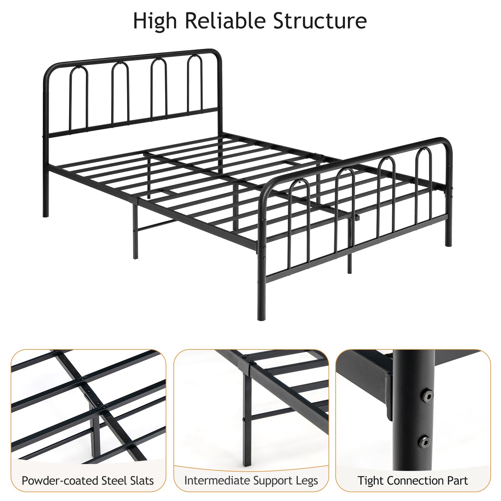 LIFEZEAL Struttura Letto Matrimoniale, alla Francese, 140x200cm, Ferro Battuto, Max 300 kg, Telaio Letto a Doghe, Una Piazza e Mezza, Rete, Base, con Testiera, per Adulti, Camera da Letto, Moderno