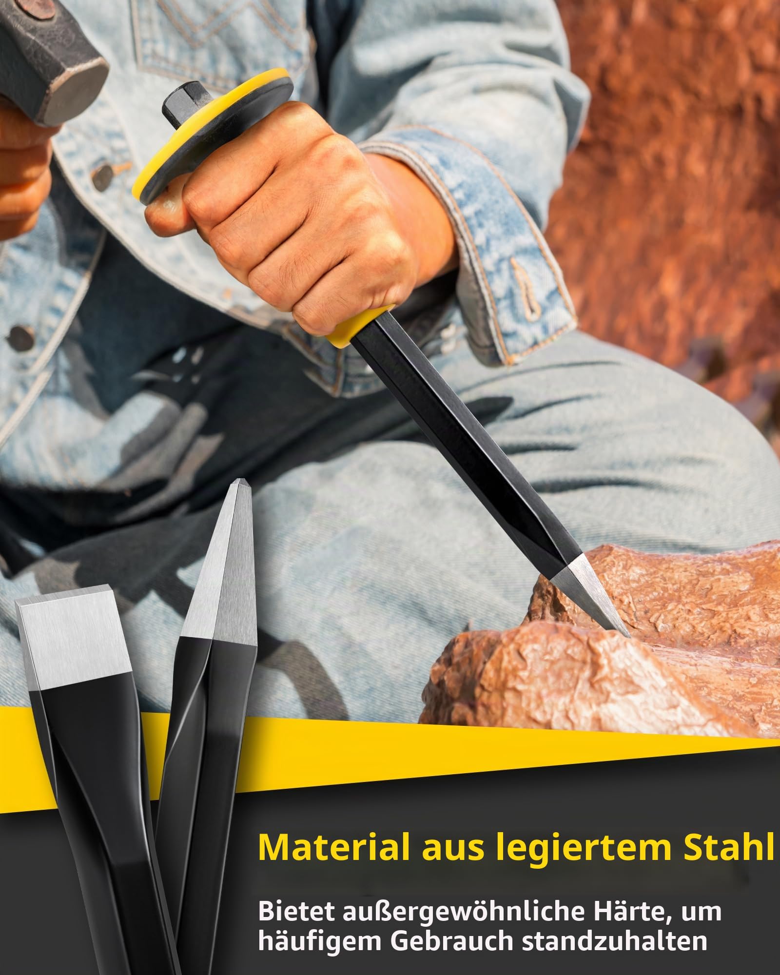 Meißel-Set für Gestein, 3 Meißel für Mauerwerk von Firecore mit Handschutz, robuster Flachmeißel für Beton, Stein, Ziegel, Gestein, Mörtel, Brechen, Schnitzen, Teilen, Schneiden