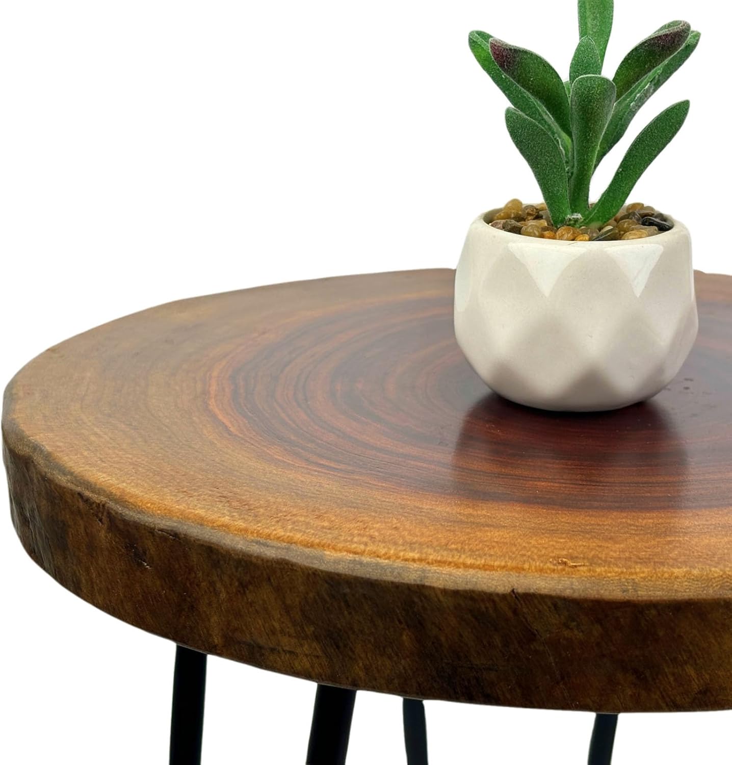 Live Edge Side Table, 13” Dia x 17”h Natural Edge Camphor Small Round Wood End Table for Living Room, Unique Desktop with Metal Hairpin Legs, Natural Wood Nightstand, Plant Stand
