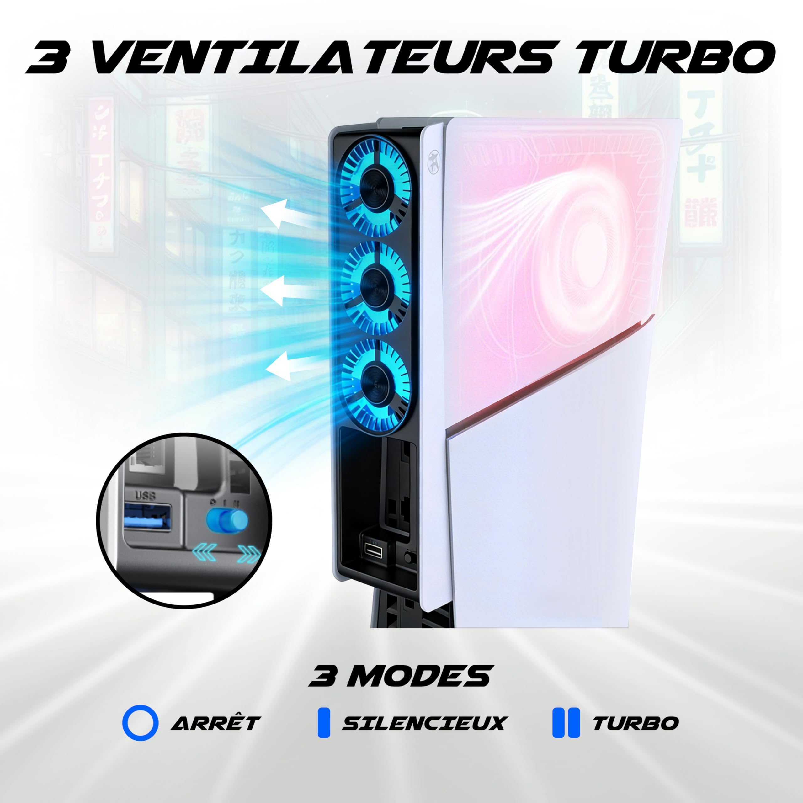 Akuma Cyber W02 - Ventola retroilluminata compatibile con PS5 Slim con 3 ventole e una porta USB 3.0 esterna, colore: Bianco