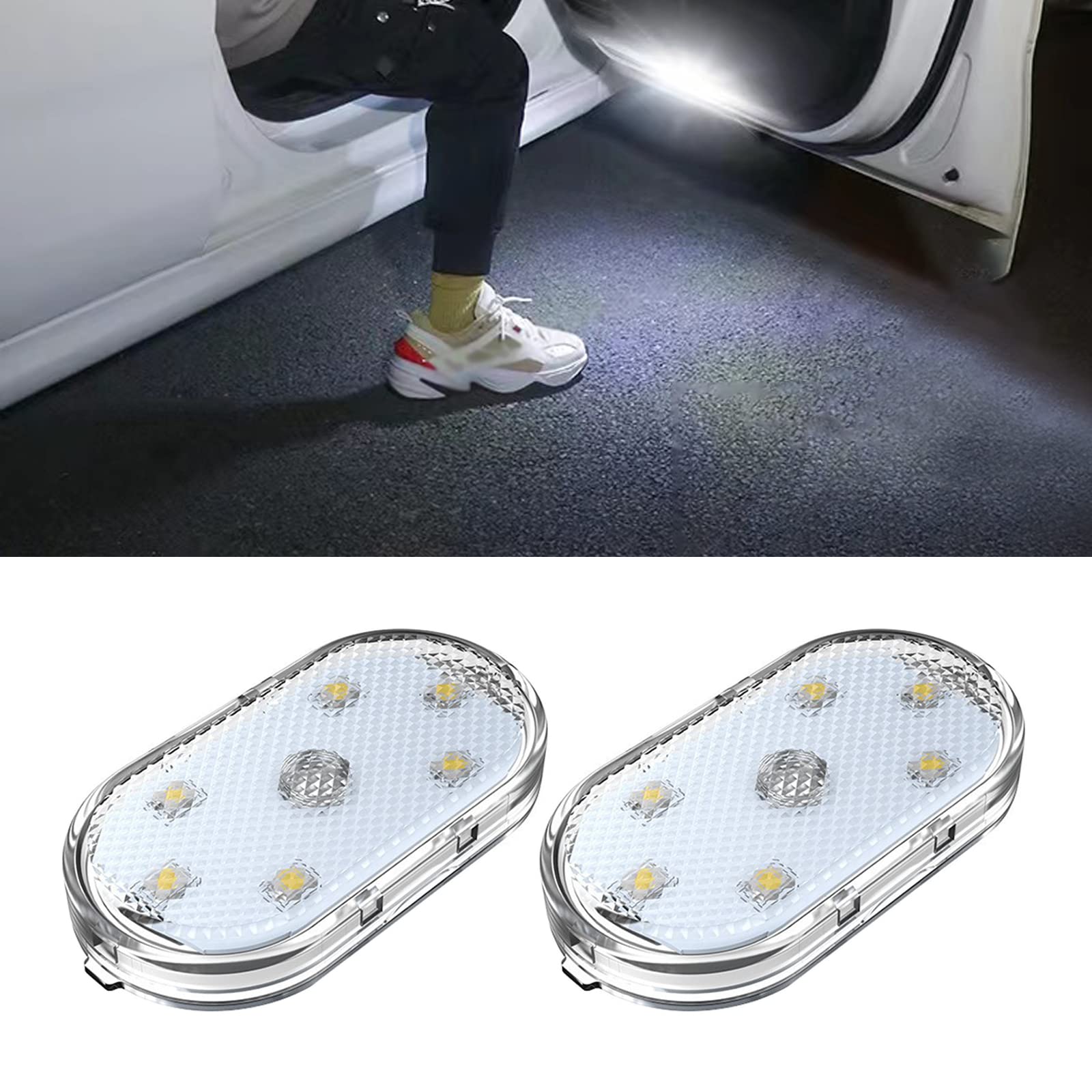 Yonput 2 PCS Car Atmosphere LED Lights, LED Interior Car Lights with 6 Bright LED Lamp Beads, Portable USB Rechargeable Reading Lighting Lights (White)