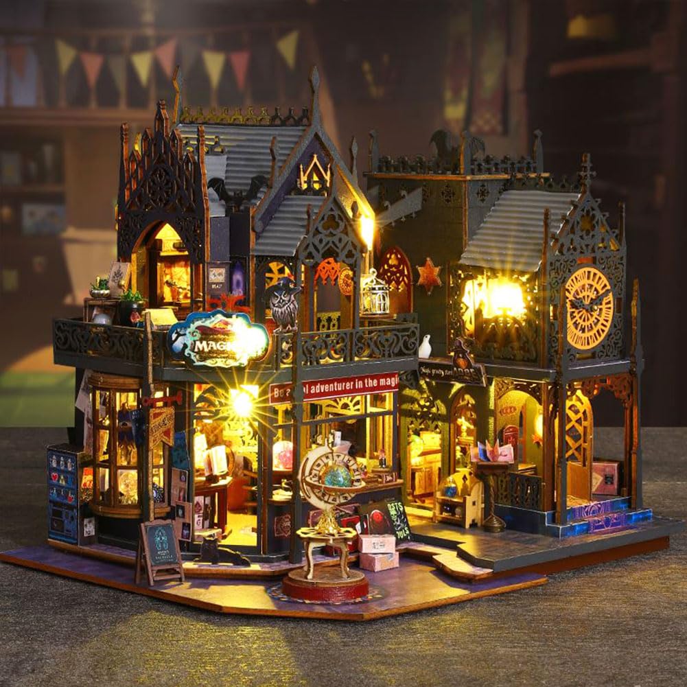 Miniaturowy domek dla lalek DIY z osłoną przeciwpyłową i misic, miniaturowy zestaw domku dla lalek, skala 1:24, magiczny domek dla lalek, kreatywny pomysł na pokój dla dorosłych