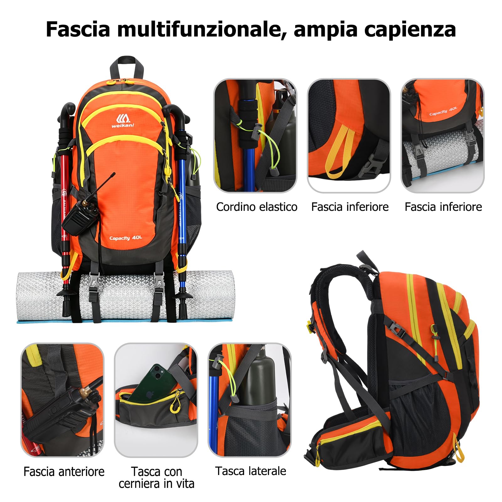 Zaino Trekking 40L Zaino Impermeabile Outdoor con Cinghie di Fissaggio Esterne Ampio Zaini Viaggio per Escursioni Campeggio Gite del Fine Settimana Blu Scuro