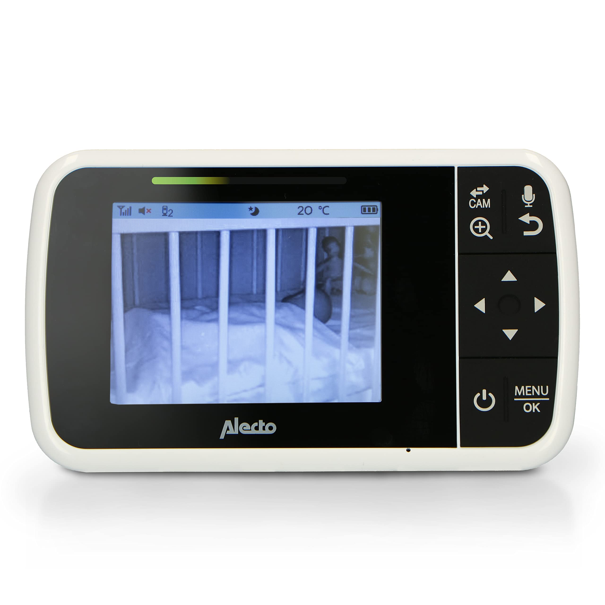 Alecto DVM135 - Baby monitor con telecamera, display a colori da 3,5", unità genitore mobile ricaricabile, funzione talk-back, 8 ninne nanne, bianco