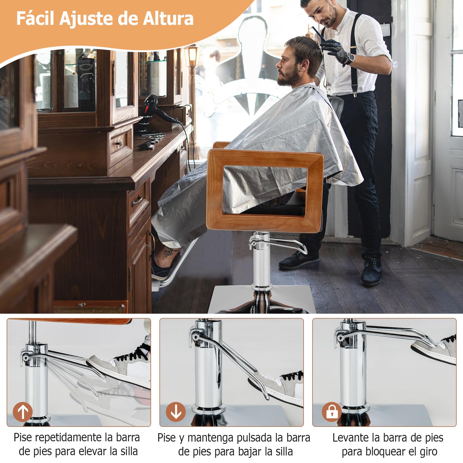 RELAX4LIFE Silla Peluquería con Altura Regulable y Giratoria 360°, Sillón Barbero con Bomba Hidráulica, Reposabrazos de Madera y Reposapiés para Salón de SPA y Belleza, Barbería, Carga 150kg