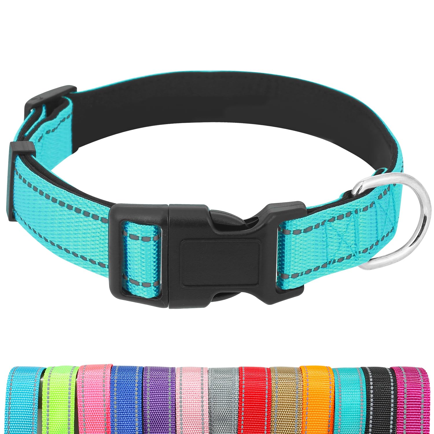 Dog Collars Adjustable for Large Dogs,Heavy Duty Waterproof Dog Collar with Quick Release Buckle,Girl Boy Female Male Reflective Nylon Dog Collar with Soft Neoprene Padded,L,Turquoise
