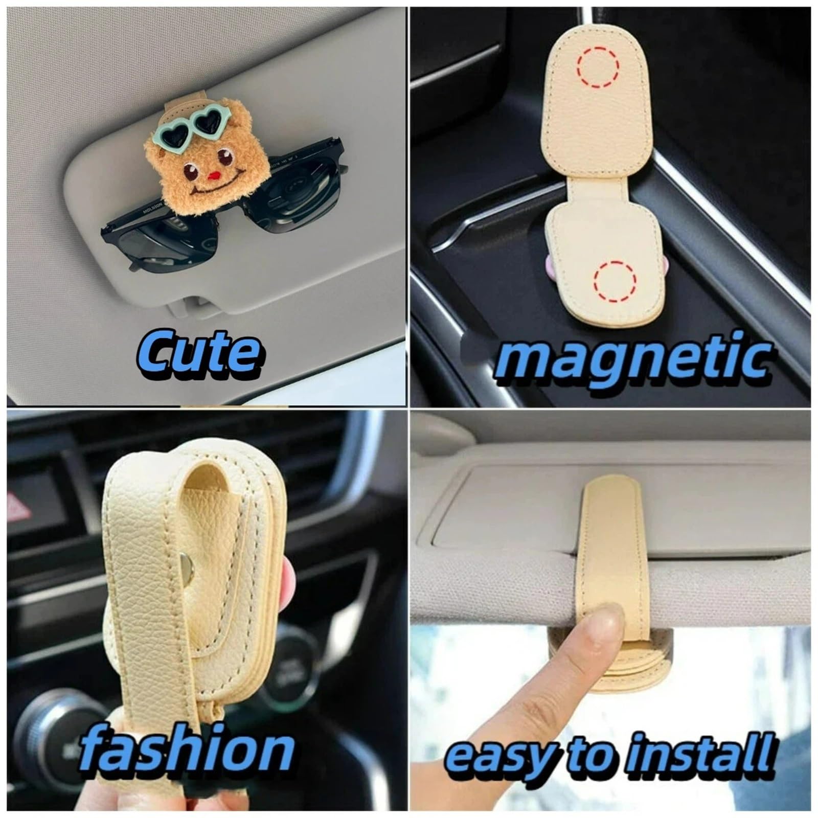 Soporte Gafas Coche Clip de Gafas de Sol de Cuero PU for Coche, Tarjeta for Visera, muñeco de Peluche Creativo, Cara, succión magnética Multifuncional, Clip de Almacenamiento Estable(Yellow)