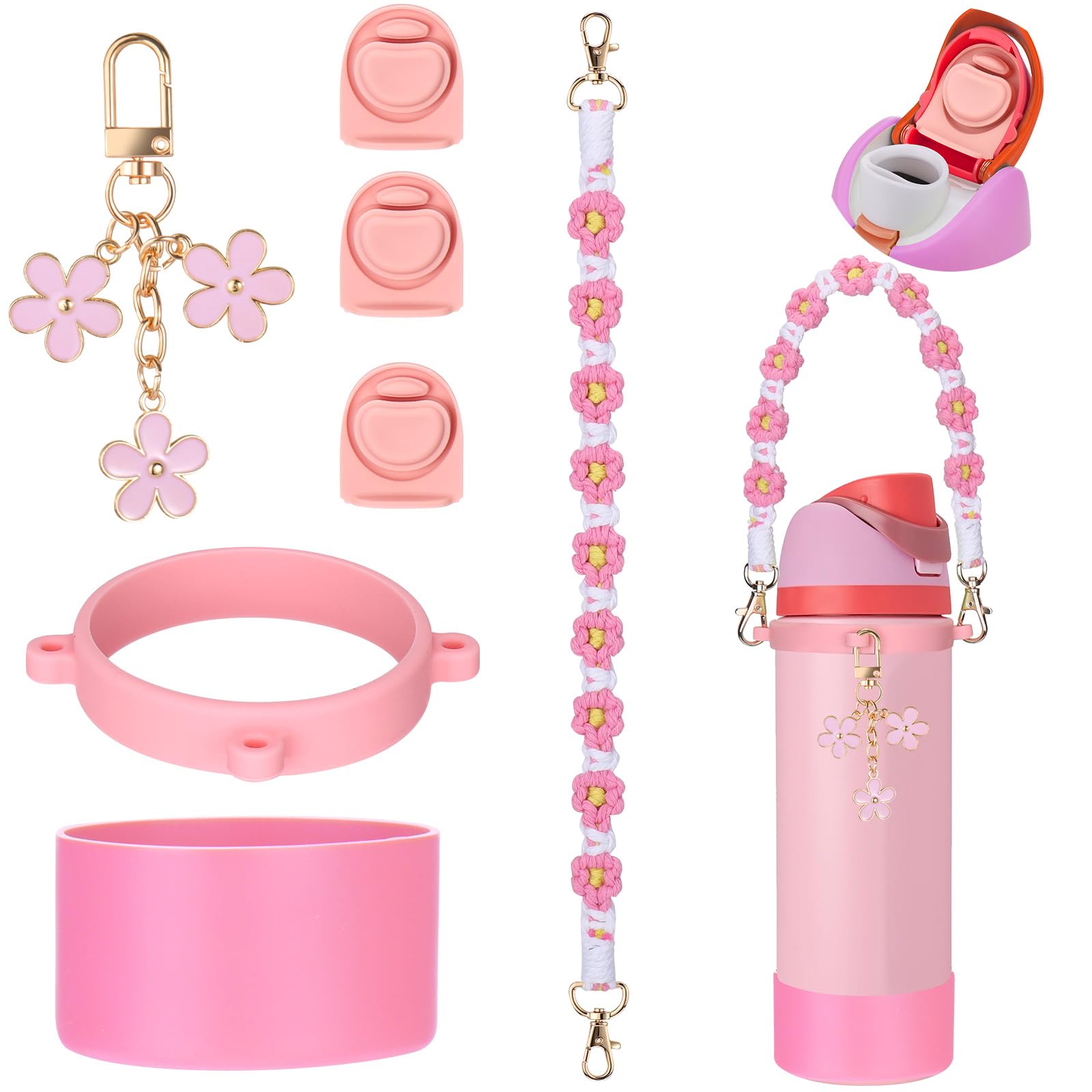 Mity rain Pink 24oz Water Bottle Replacement Parts Set for Owala FreeSip - Includes Replacement Top Lid Gasket Stoppers, Handle Strap, Boot and Charms