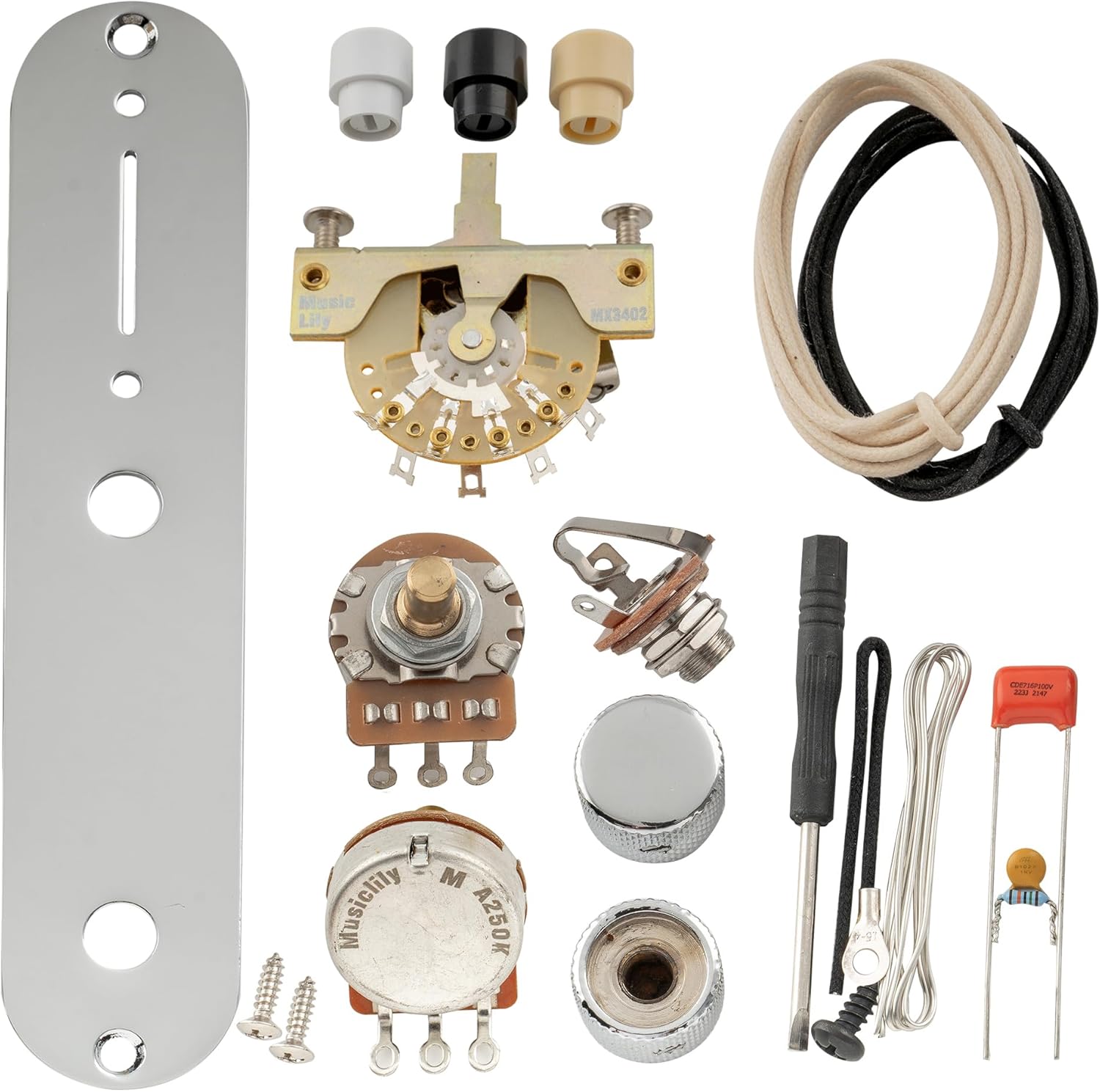 Musiclily Pro Loaded Control Plate Guitar Pre-Wired 3-Way Blade Switch with Wiring Harness 250K Potentiometers for American Style Tele Electric Guitar, Chrome