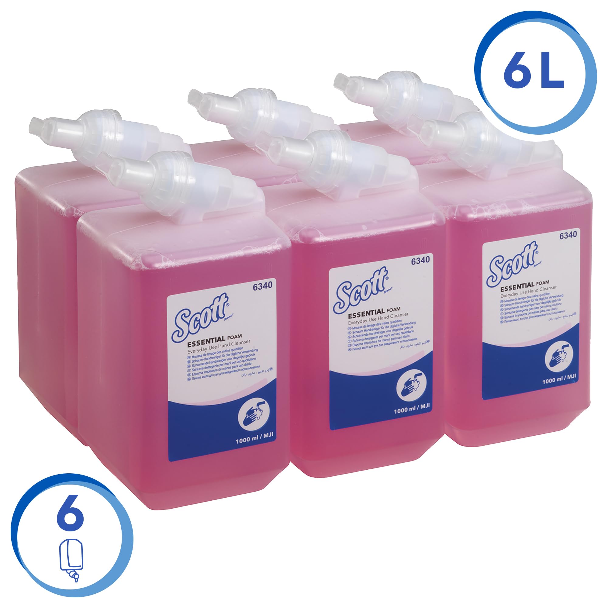 Scott Essential Schaum-Seife, parfümierte Handseife, Kassetten rosafarbener Handreiniger für die tägliche Verwendung und eine gründliche Handreinigung, 6 x 1 Liter, Artikel-Nr. 6340