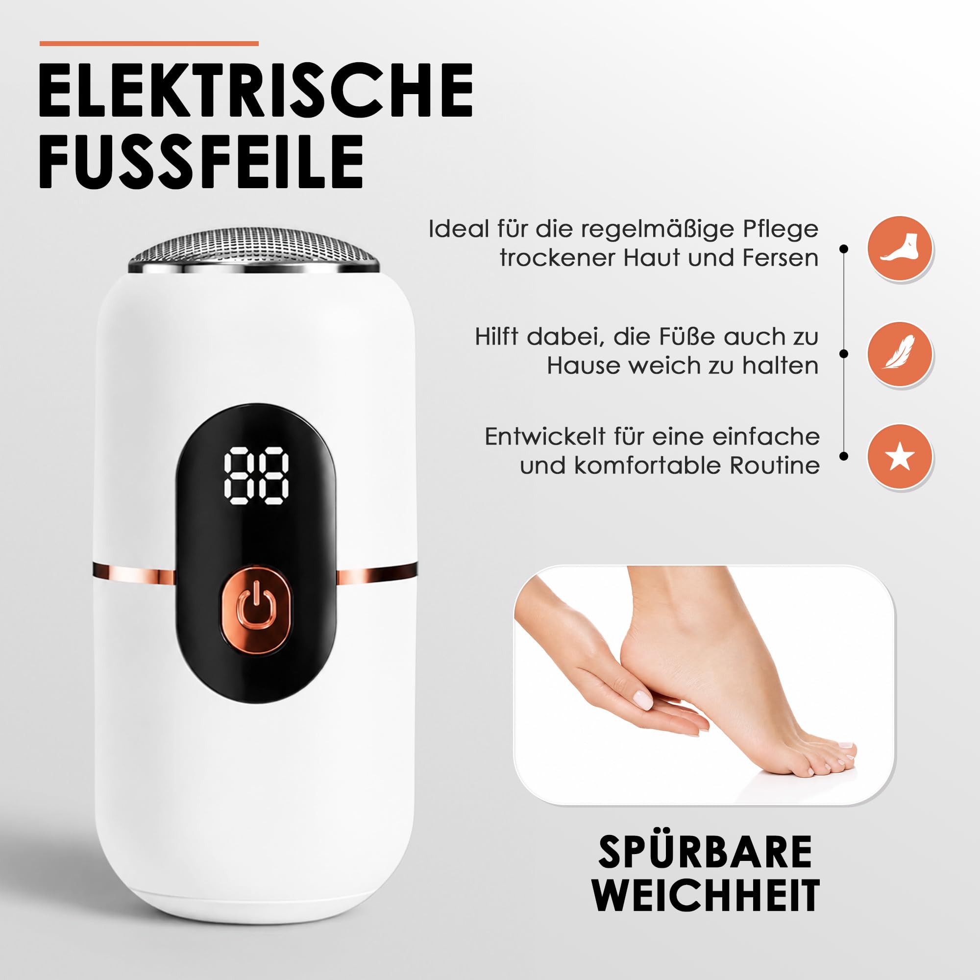 Elektrische Hornhautfeile für Füße, kabelloser, wiederaufladbarer Hornhautentferner für abgestorbene Haut und raue Fersen, 3-stufiges Pediküre-Werkzeug mit 2 austauschbaren Schleifköpfen