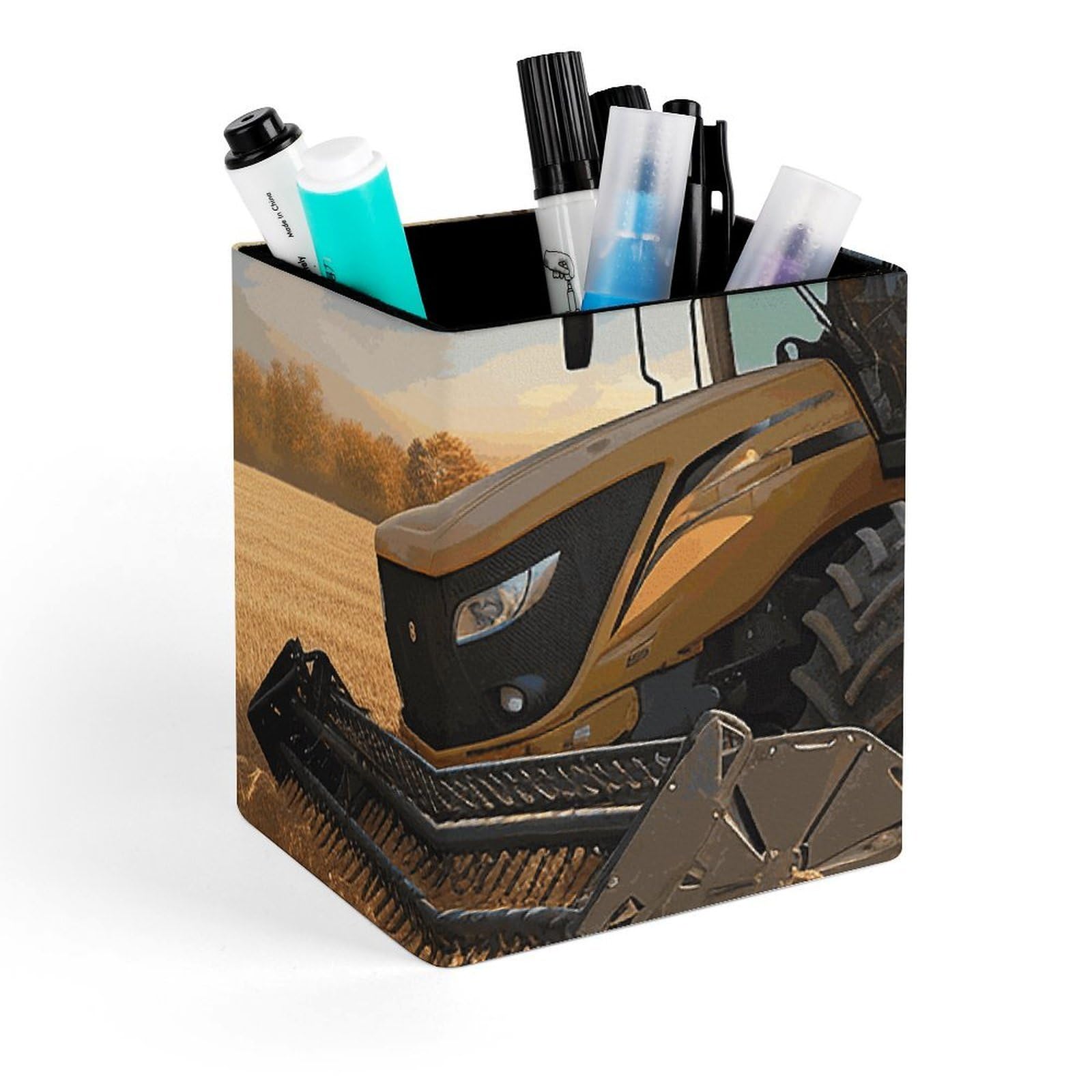 FekiLoot Farm Tractor Harvest Pencil Holder Square Leather Pen Holder Cup Modern Multi-Functional Pencil Cup Holder Decorative Desk Organizer Caddy Makeup Brush Holders for Desk Office