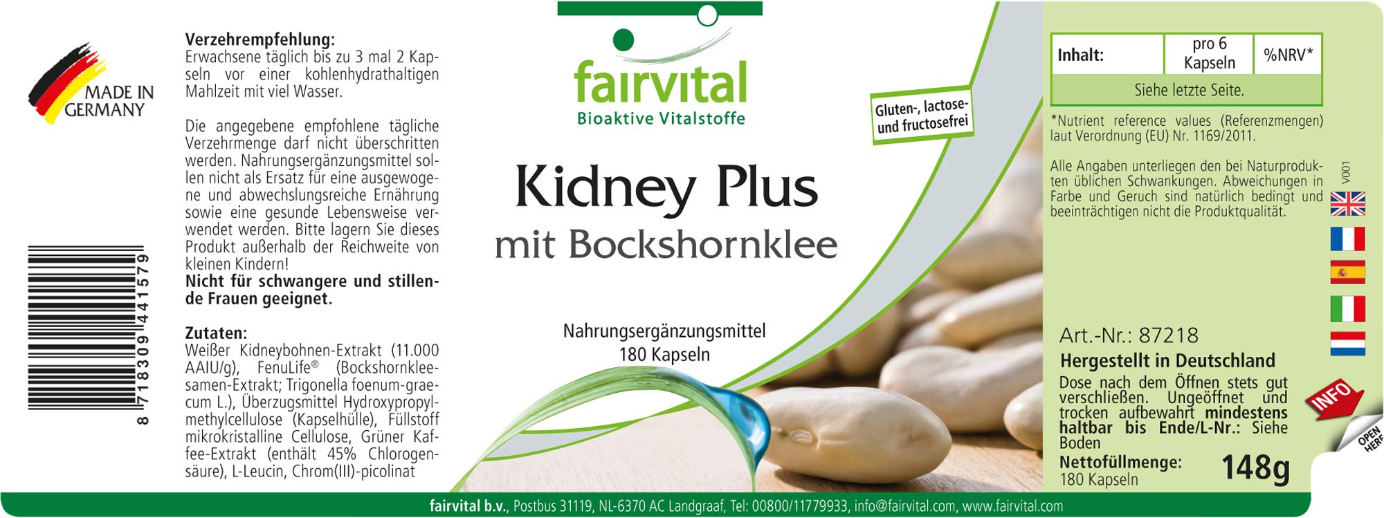 fairvital Kidney Plus con alholva, 180 cápsulas, ALTA DOSIS, VEGANO, con cromo y café verde