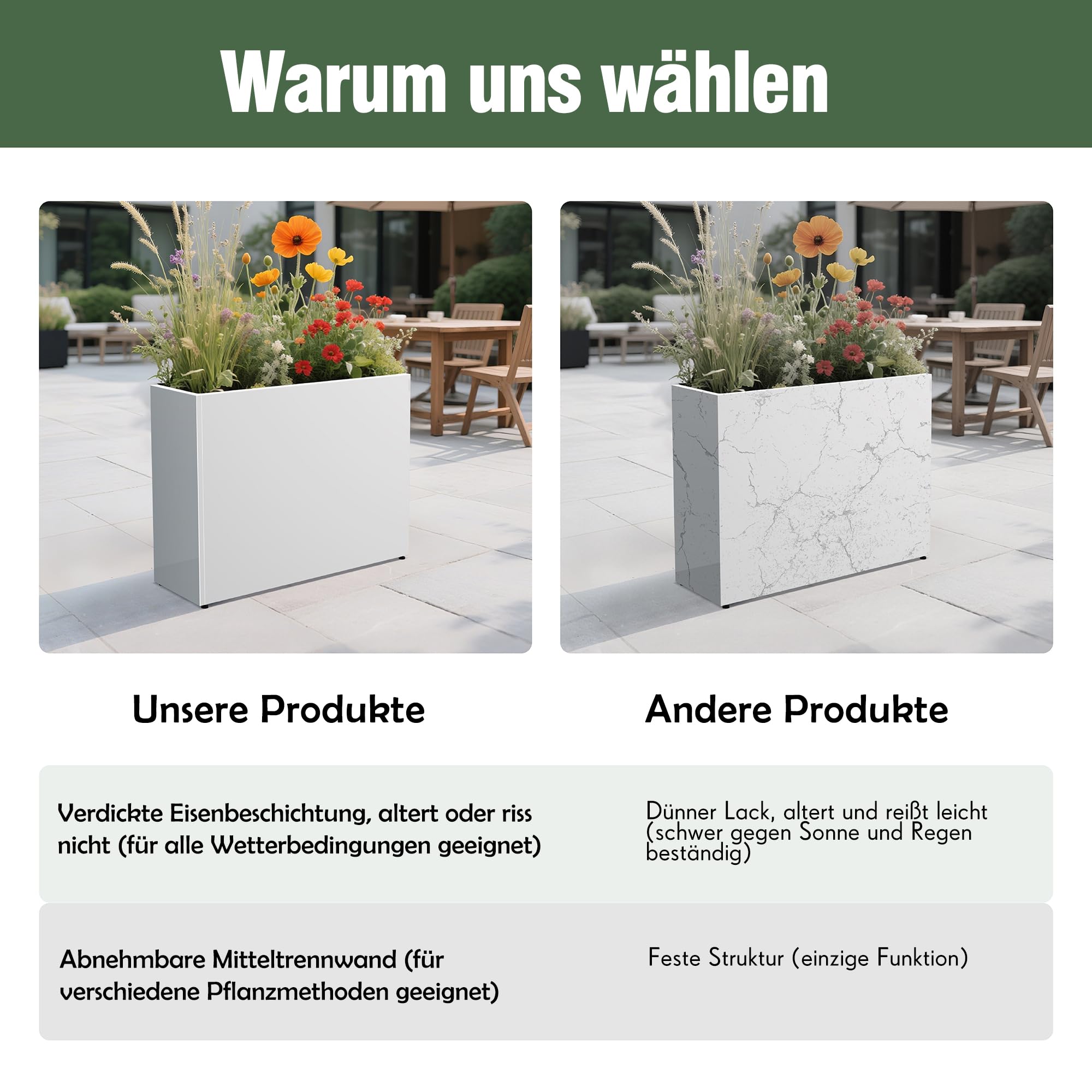 Lar inless - Maceta de acero para exteriores, juego de 2 macetas blancas para jardín, patio, balcón, decoración moderna del hogar