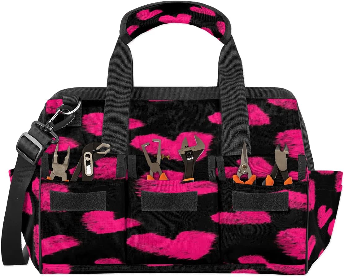 Pink Love Heart Tool Bag for Men Women Heavy Duty Multi-Pockets Wide Mouth Tool Tote Waterproof Tool Bag Organizer with Adjustable Shoulder Strap