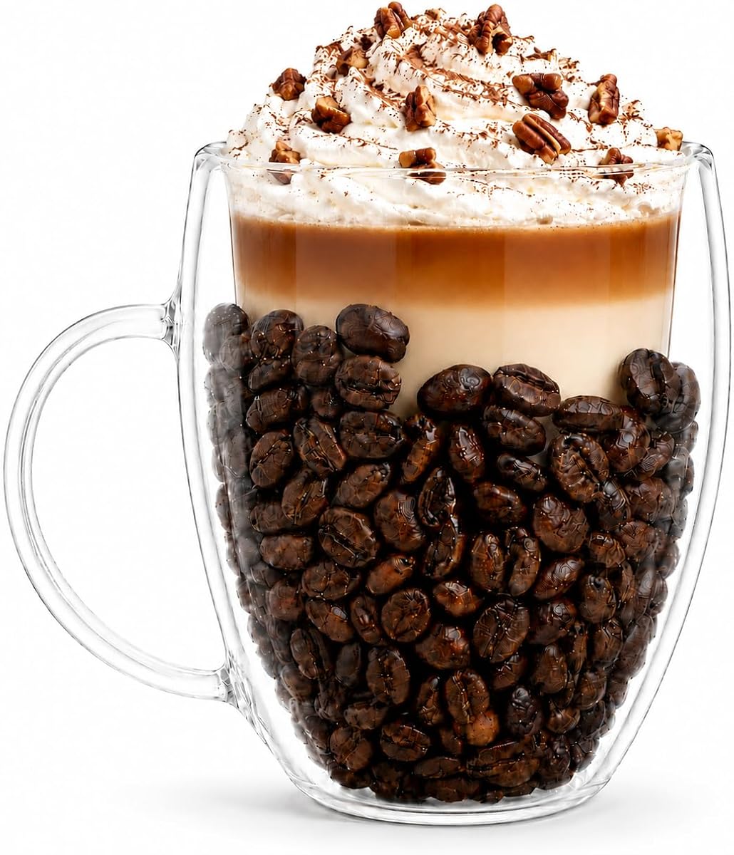 Double Wall Glass Coffee Mug - Insulated Clear Cup for Espresso Cappuccino | 10 Oz, Latte Tea Mug with Beans, Cute 2 Layer Cup with Handle, Heat-resistant, for Cold Hot Drinks Beverage Liquor Shots