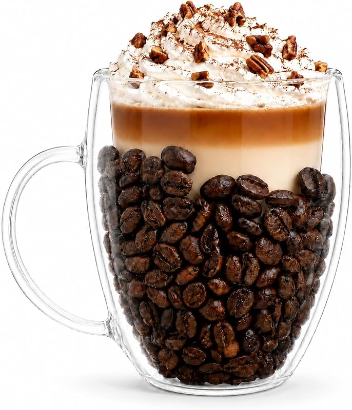 Double Wall Glass Coffee Mug - Insulated Clear Cup for Espresso Cappuccino | 10 Oz, Latte Tea Mug with Beans, Cute 2 Layer Cup with Handle, Heat-resistant, for Cold Hot Drinks Beverage Liquor Shots