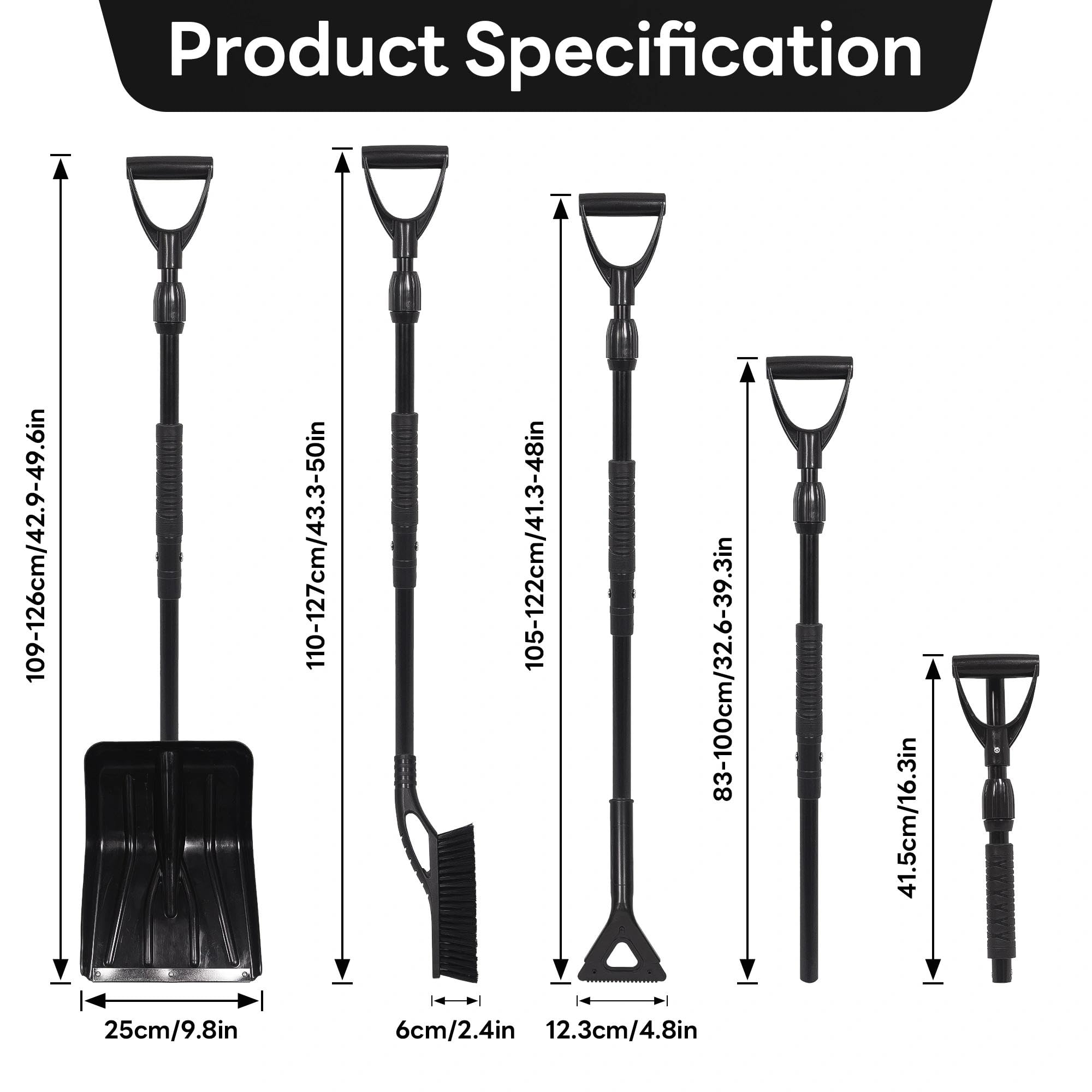 Deecam Pelle à neige extensible pour voiture, accessoires de voiture d'hiver et kits essentiels - Brosse à neige amovible avec tête rotative à 360° / pelle / grattoir à glace pour voitures, camions