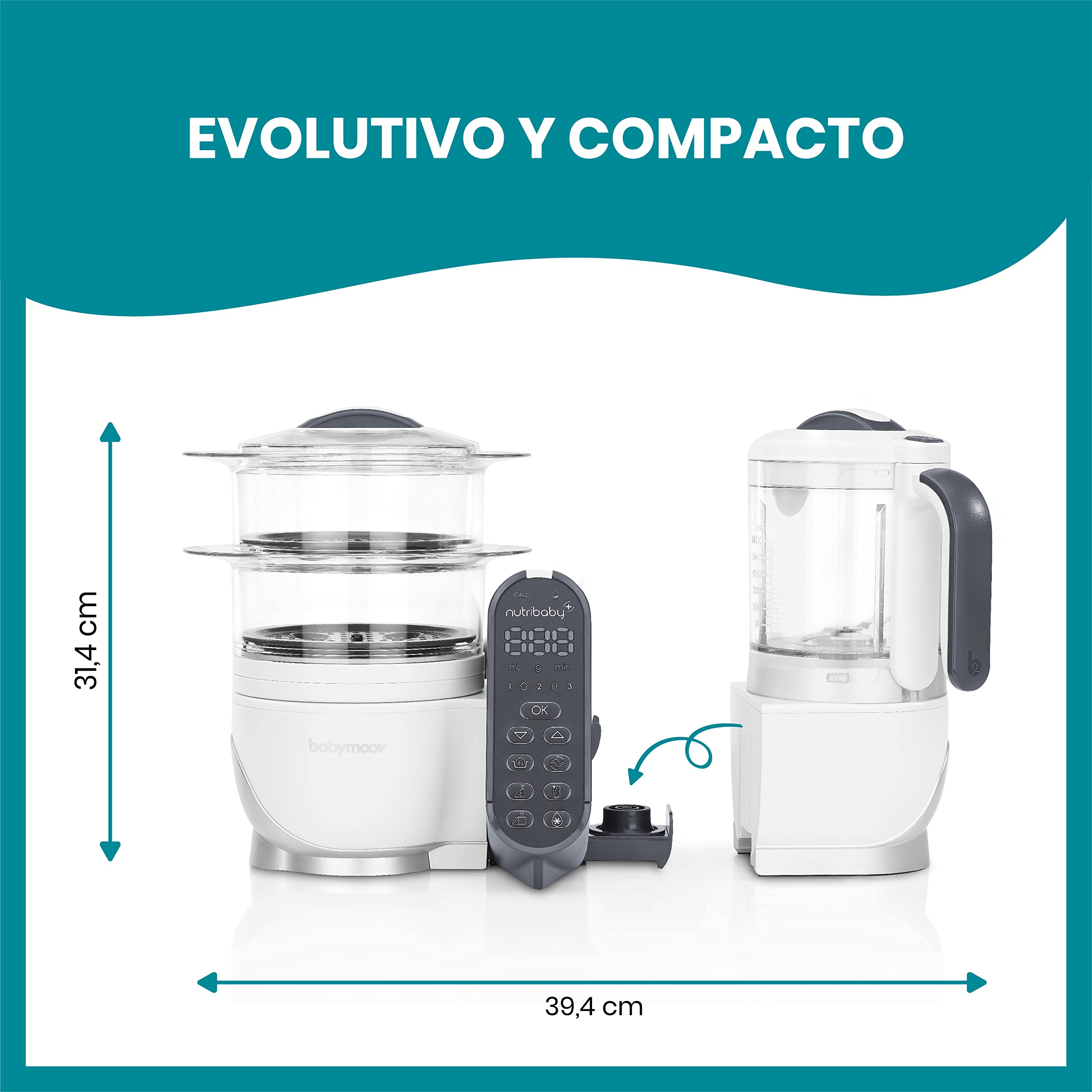 Babymoov Nutribaby(+), Robot Multifunción 6 en 1, Vaporera, Batidora, Gran Capacidad para el Bebé, Óptimo para la Cocina por Lotes, Blanco