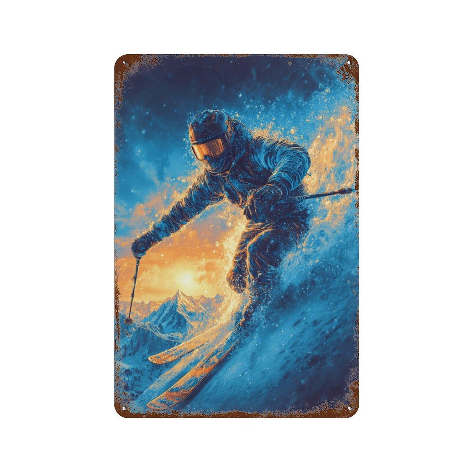 Winter Sports Adventure 11.8"x7.9" Distressed Metal Wall Sign, Industrial Home Decor for Patio, Garden Room And Bar Decor