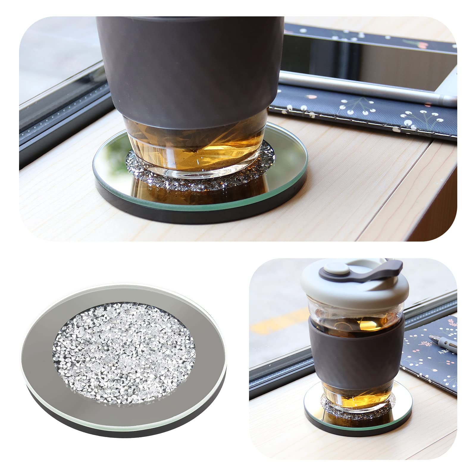 Posavasos Vidrio con Espejo Redondos 4 Pulgadas Antideslizante para Tazas Café Decoración Hogar
