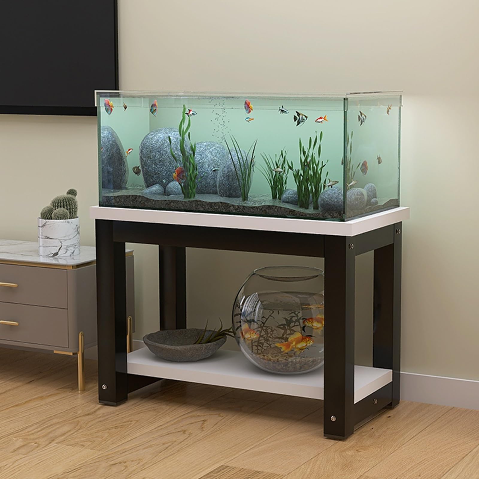 Meuble pour grand aquarium 2 niveaux blanc avec rangement et cadre acier