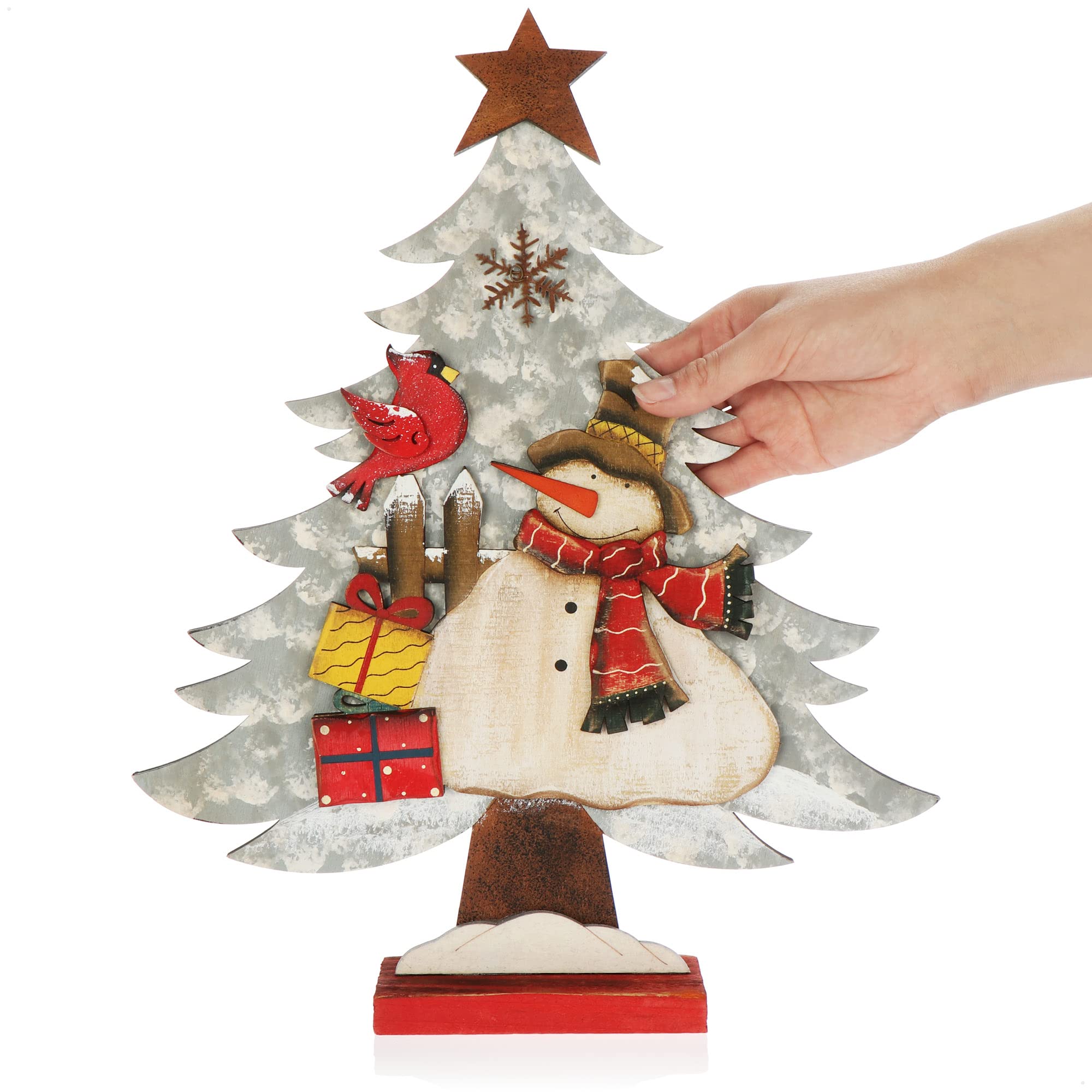 COM-FOUR® Supporto decorativo per Natale - Albero di Natale in legno - Albero di Natale con pupazzo di neve per la decorazione (01 pezzo - abete bianco 38cm)