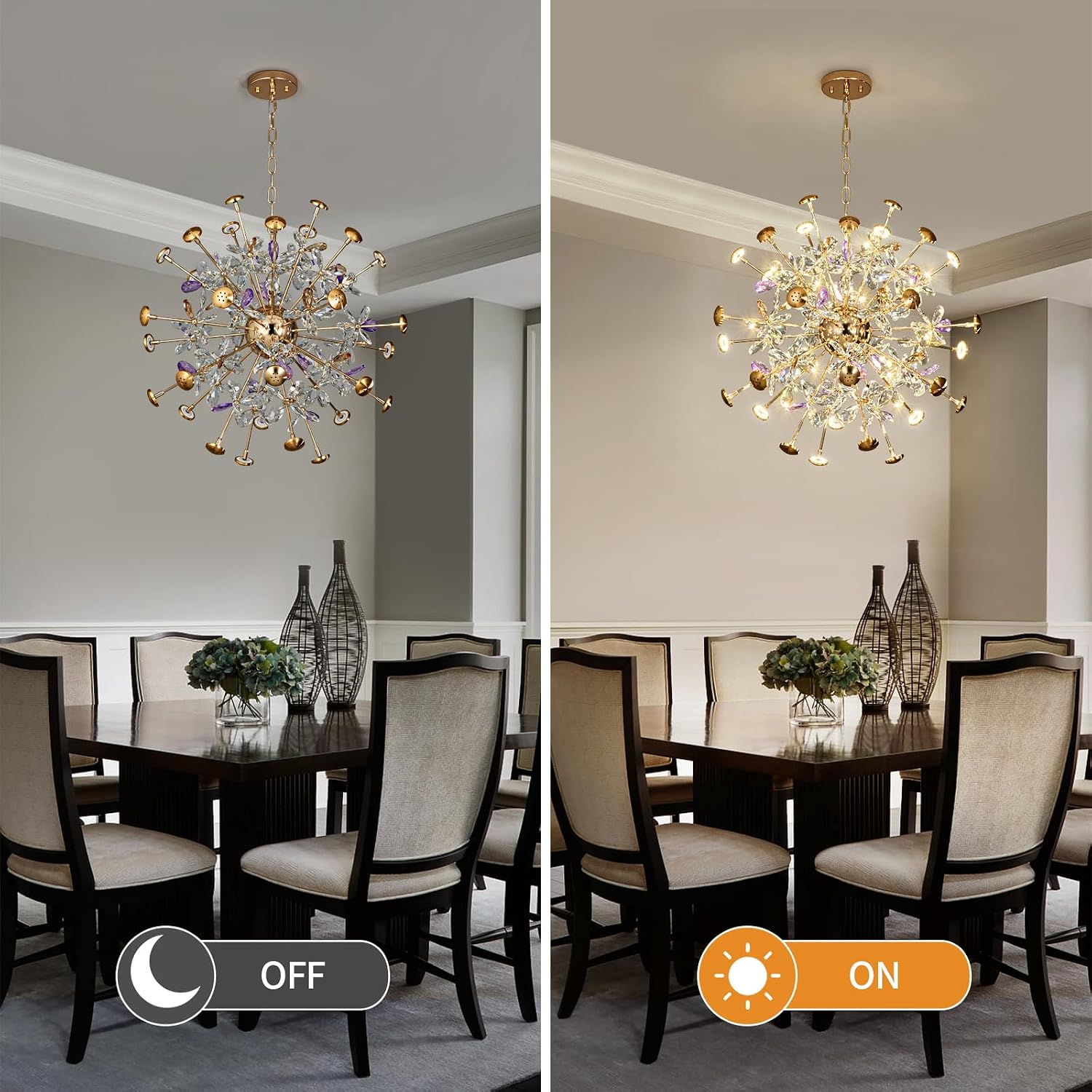 Modern Crystal Chandeliers, 32-Light Gold Dandelion Light Fixture, Sputnik Chandelier with Crystal Flowers, Firework Pendant Light Chandeliers for Dining Room Bedroom Kitchen Hallway