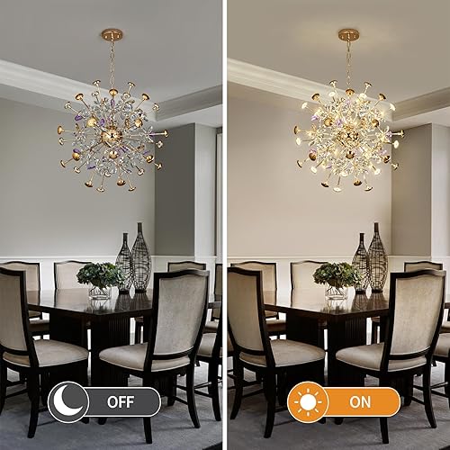 Miniatura 6 de Candelabros modernos de cristal, lámpara de diente de león dorada de 32 luces, lámpara Sputnik con flores de cristal, lámparas colgantes de fuegos