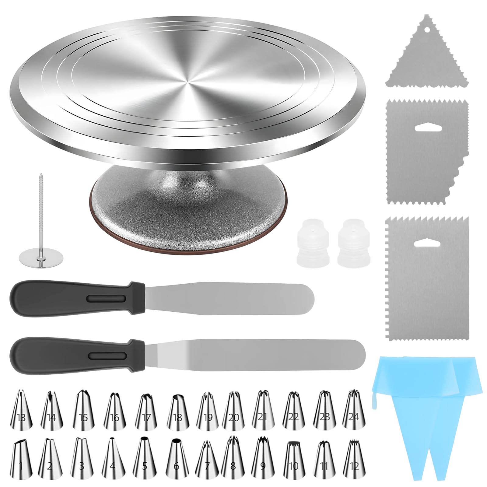 Kit de décoration de gâteau professionnel avec plateau tournant en aluminium, 24 douilles et outils de glaçage, kit de pâtisserie ultime pour débutants et experts