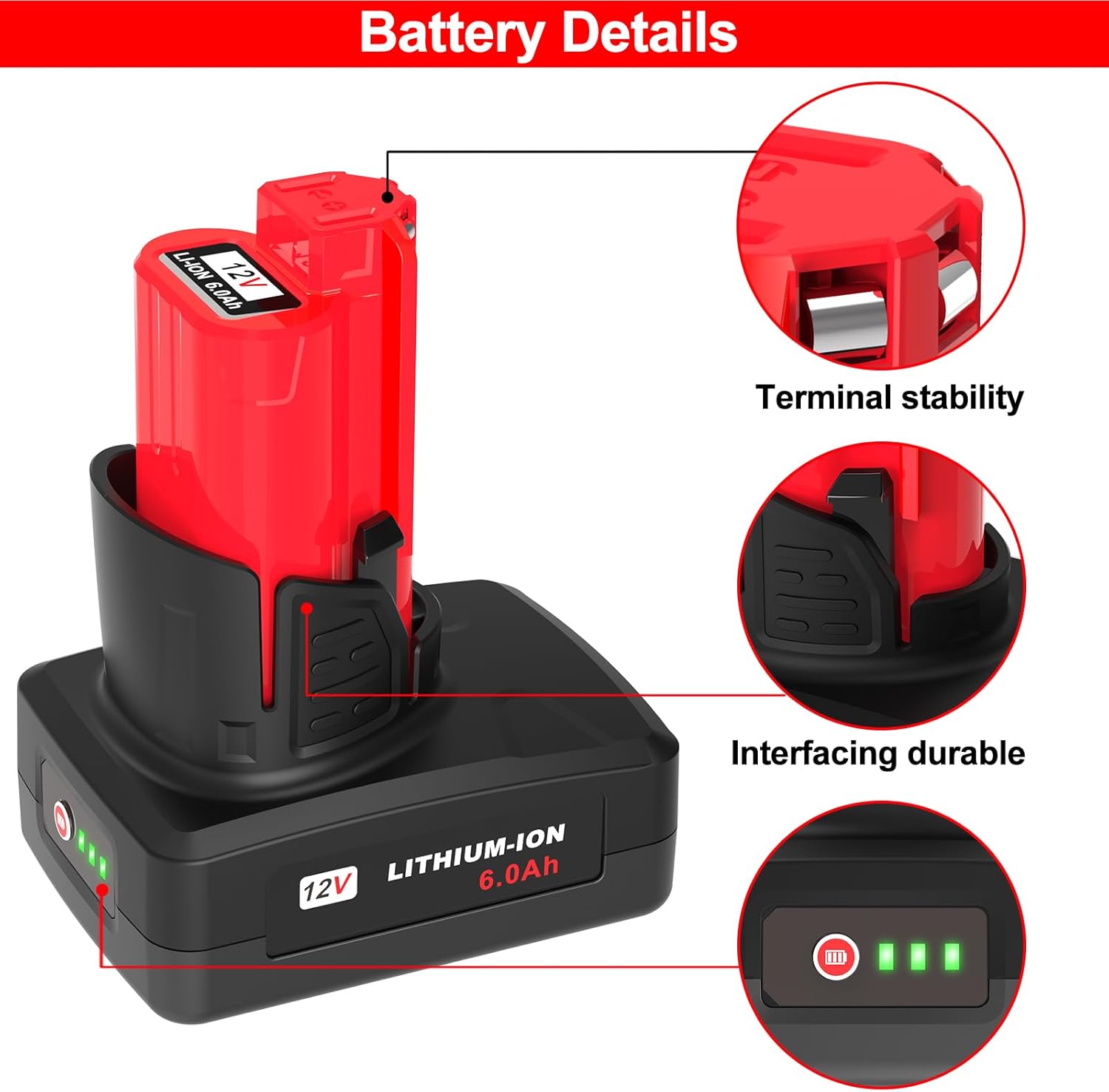 2 Pack 6000mAh Battery with Led Indicator Replacement for Milwaukee m12 Battery, Compatible with Milwaukee 12V Tools Heated Jacket Charger 48-11-2420 48-11-2440 48-11-2402 48-11-2411 Cordless Tools