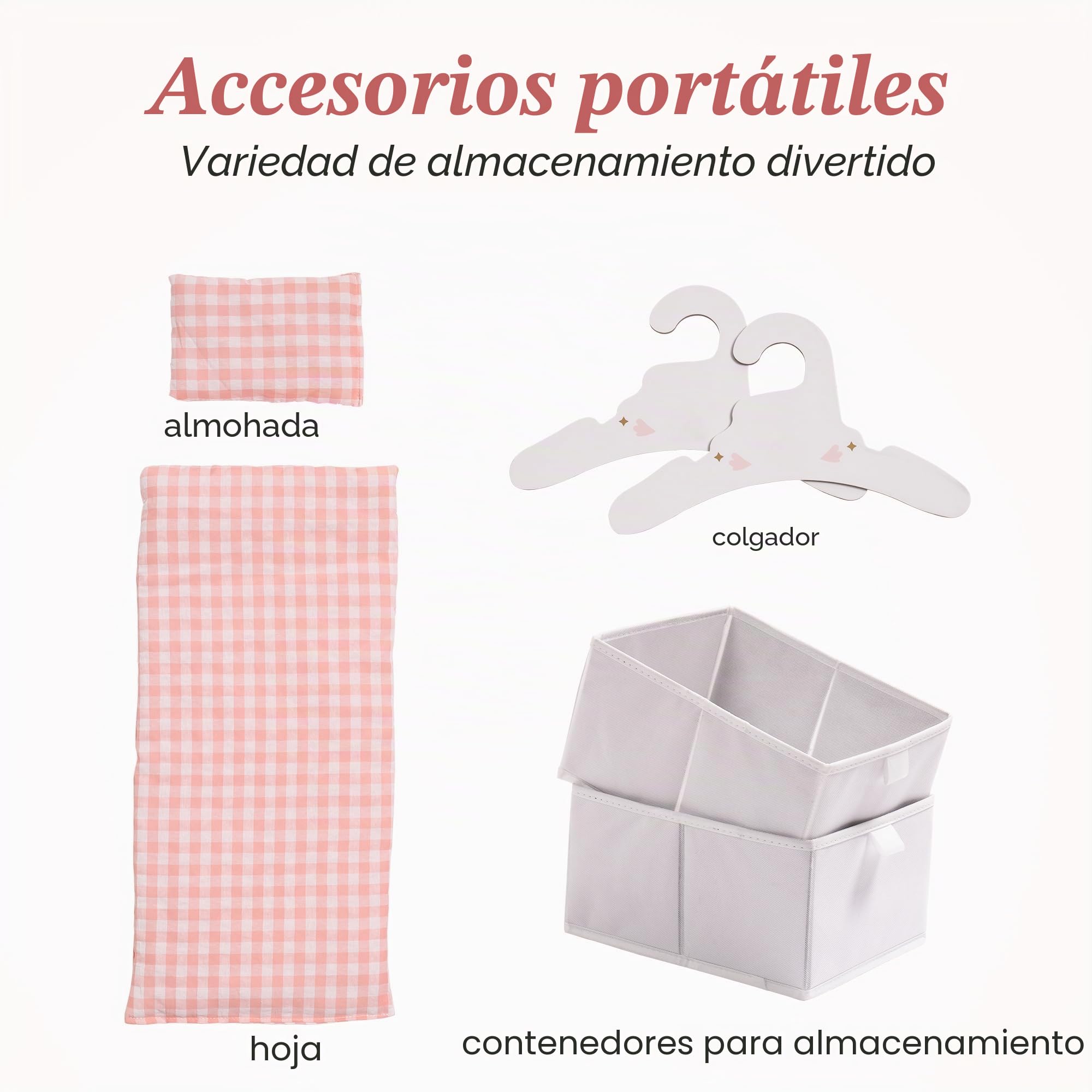 ROBUD Cama para muñecas de madera, juguetes con armario, ropa de cama, espacio de almacenamiento y ganchos, cama para muñecas de hasta 55 cm, accesorios para muñecas para niños a partir de 3 años y