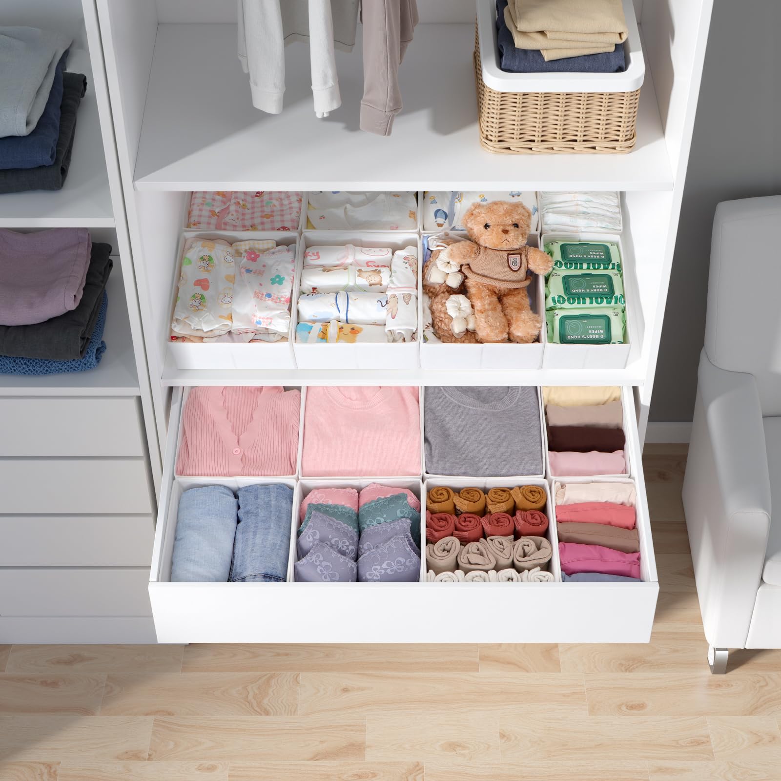 Juego de 16 cajones organizadores compatibles con armario PAX 100 x 58 cm, cajas de tela plegables con base estable para ropa, color blanco