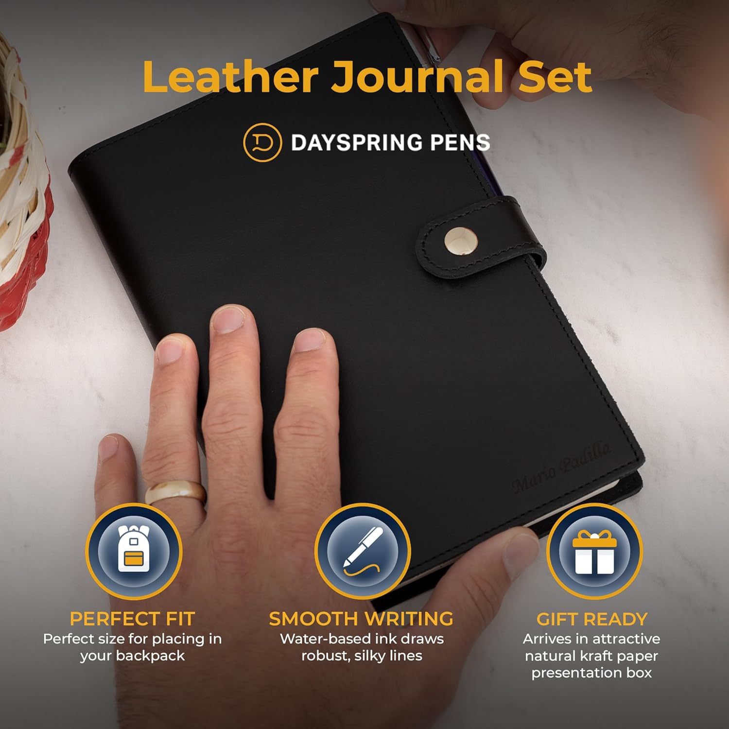 Noteworthy Journal Set. Refillable Premium Journal in Charcoal Black Full Grain Leather and Rollerball Pen in Blue Lacquer. Gift Set for Journaling, Gratitude, Prayer, or Reflection. (Text or Monogram)