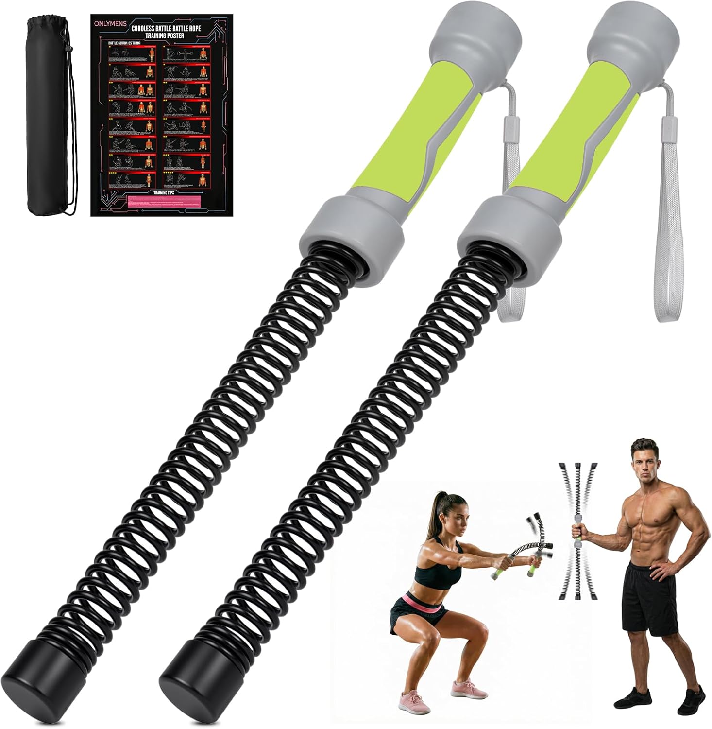Ropeless Battle Ropes - 3-in-1 Heavy Ropeless Jump Rope Set & Solid Steel Resistance Bar for Home Gym - Portable Workout Equipment for HIIT,Strength Training