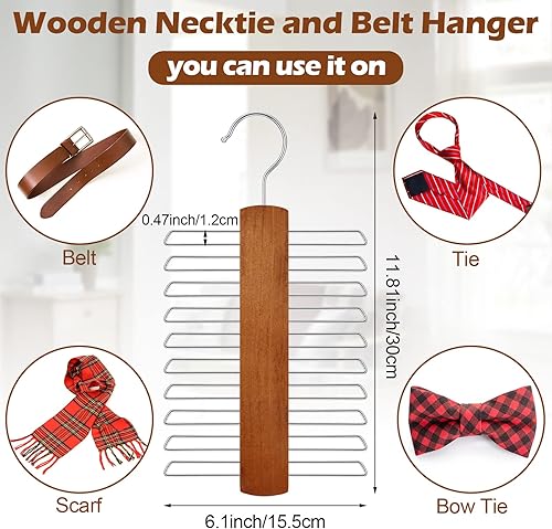 Miniatura 2 de Paquete de 4 corbatas de madera y colgador de cinturón para corbatas, soporte de madera de nogal, organizador central y estante de almacenamiento